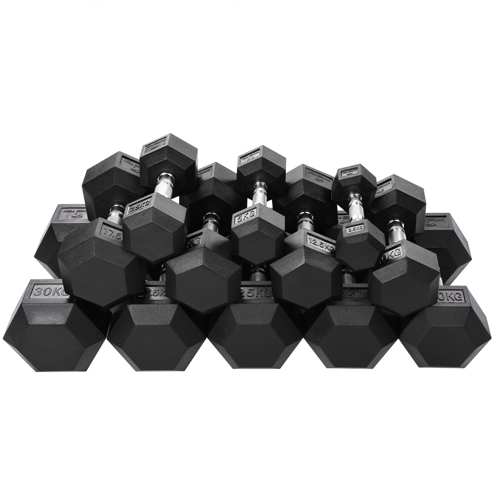 Una pila de mancuernas hexagonales negras con pesos de 2,5 kg a 30 kg.