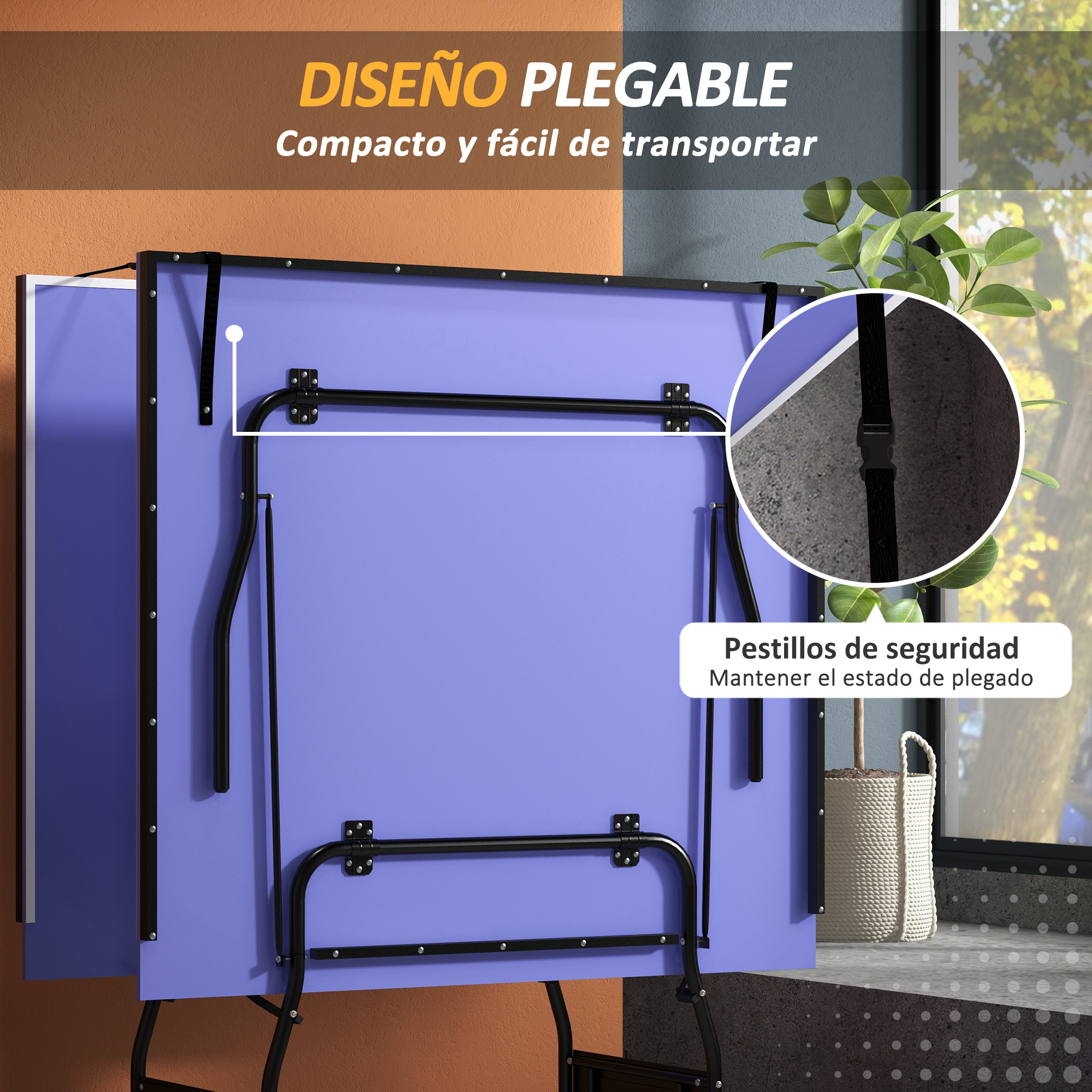 Una mesa plegable púrpura con patas de metal negro y pestillos de seguridad.
