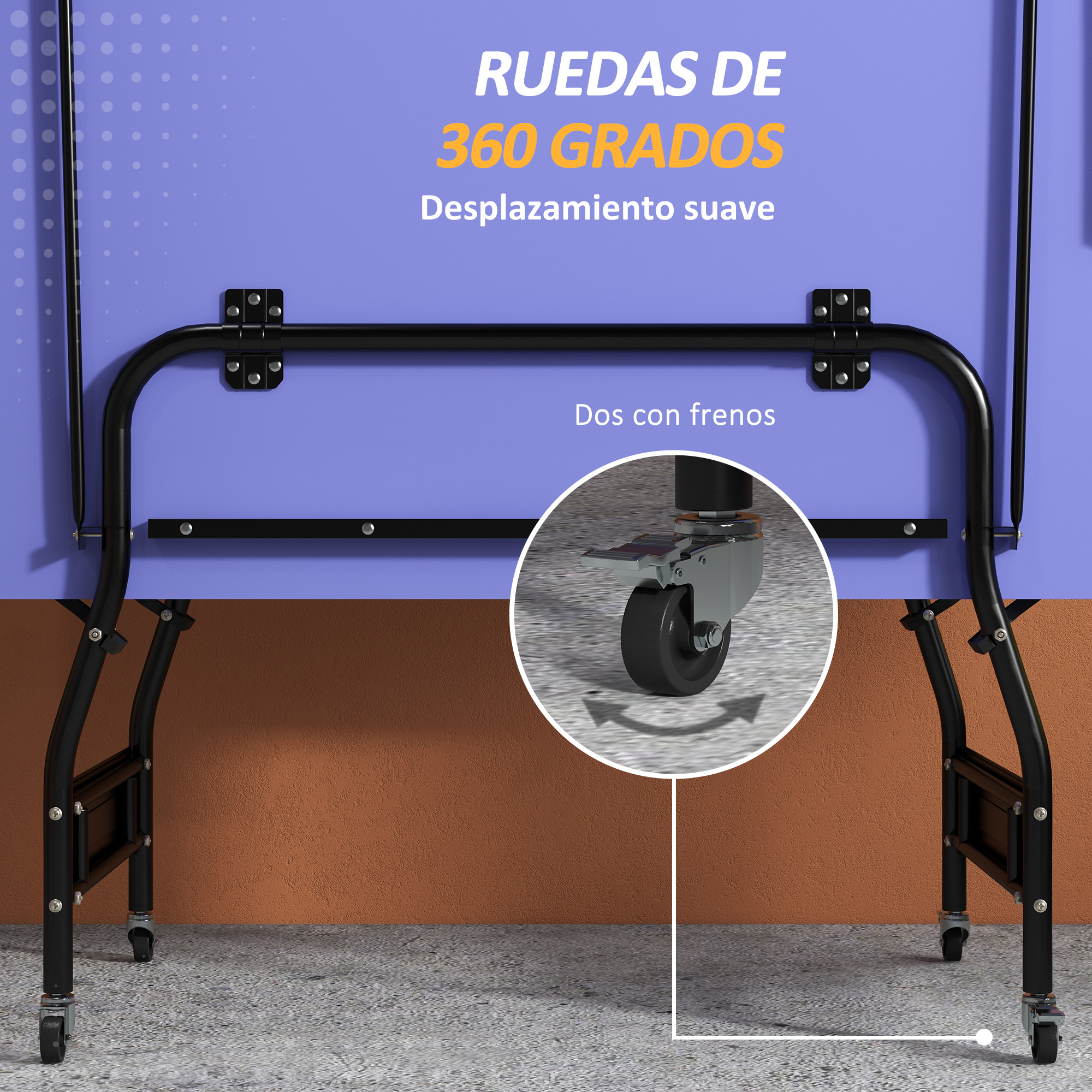 Mesa morada con patas metálicas negras y ruedas, algunas con freno.