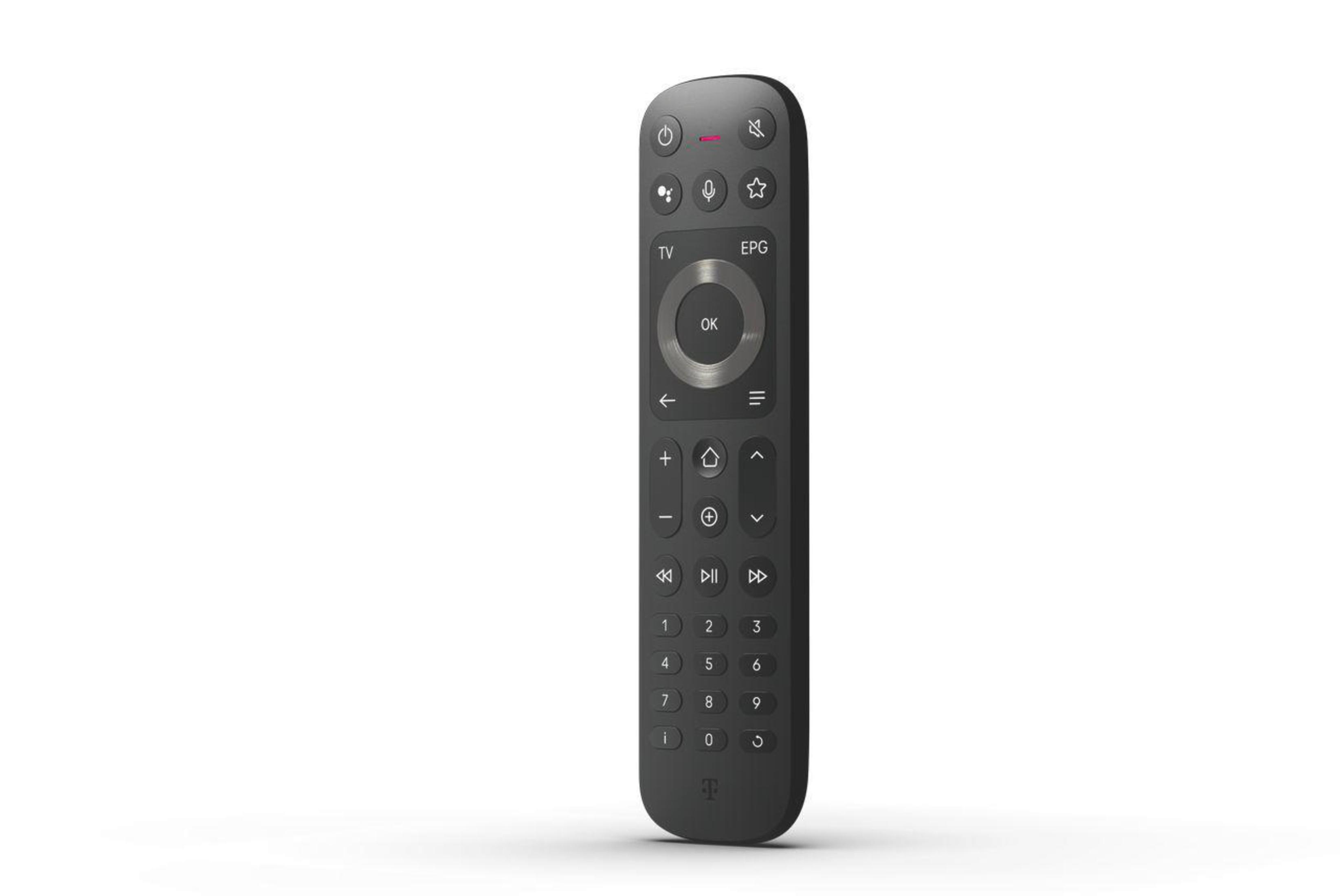 Eine schwarze Fernbedienung mit Tasten für TV, EPG, OK, Zahlen und Wiedergabe.
