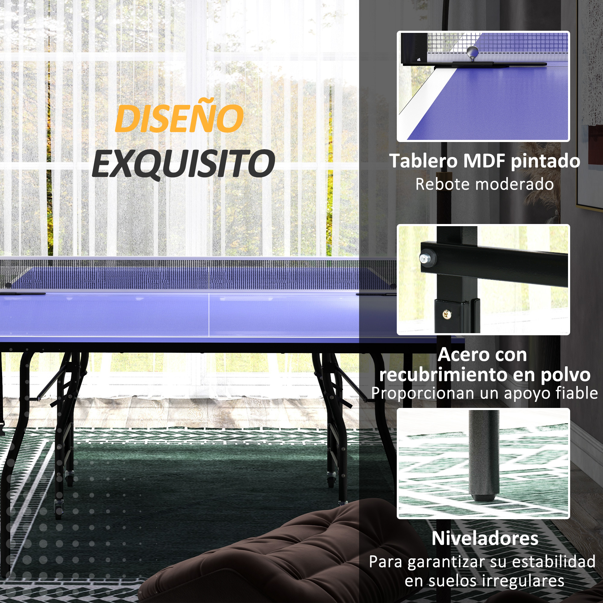 Una mesa de ping pong azul con red. El texto resalta características como tablero MDF y patas de acero.