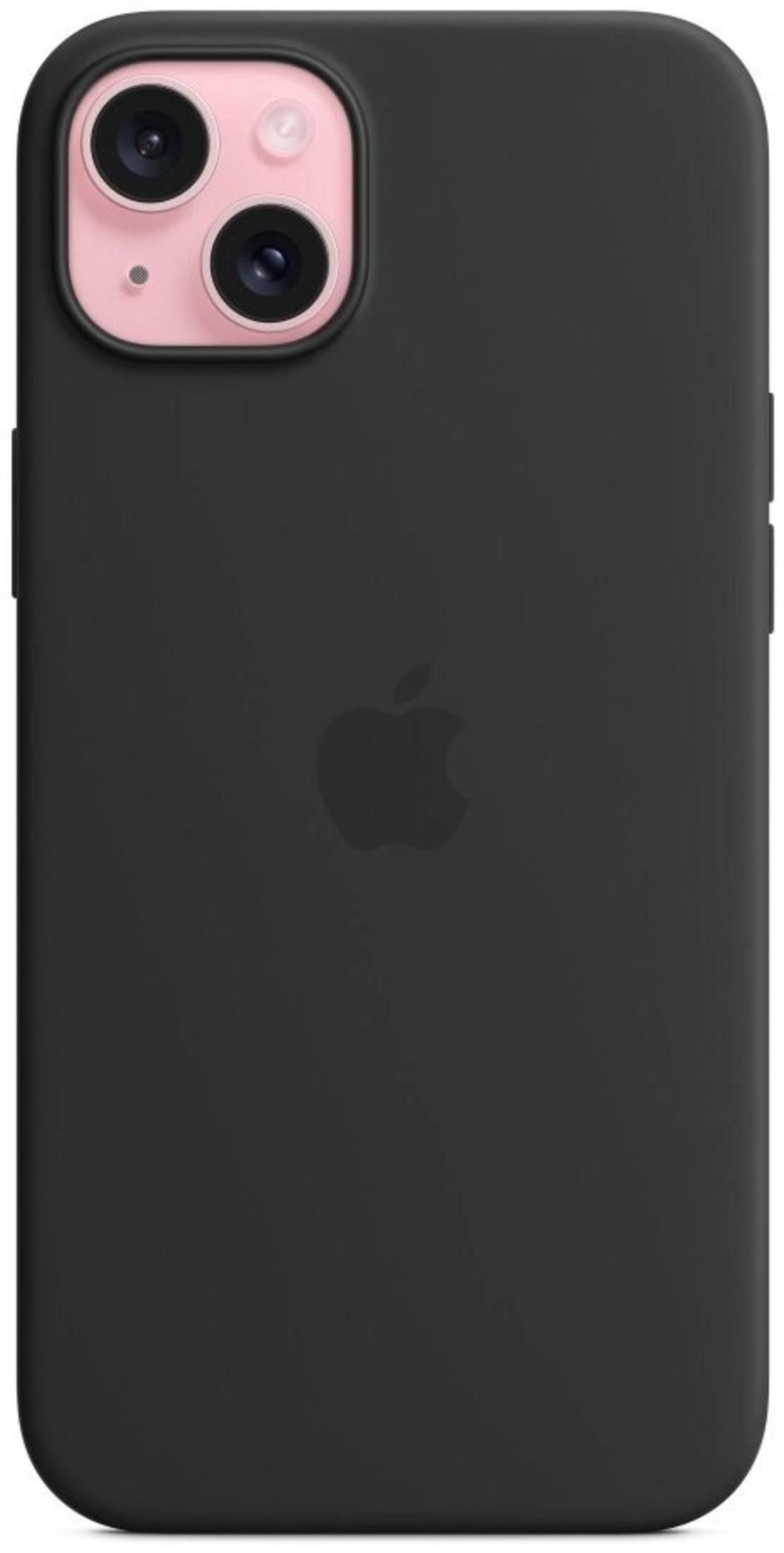 Une coque noire pour iPhone avec découpe caméra rose et logo Apple.