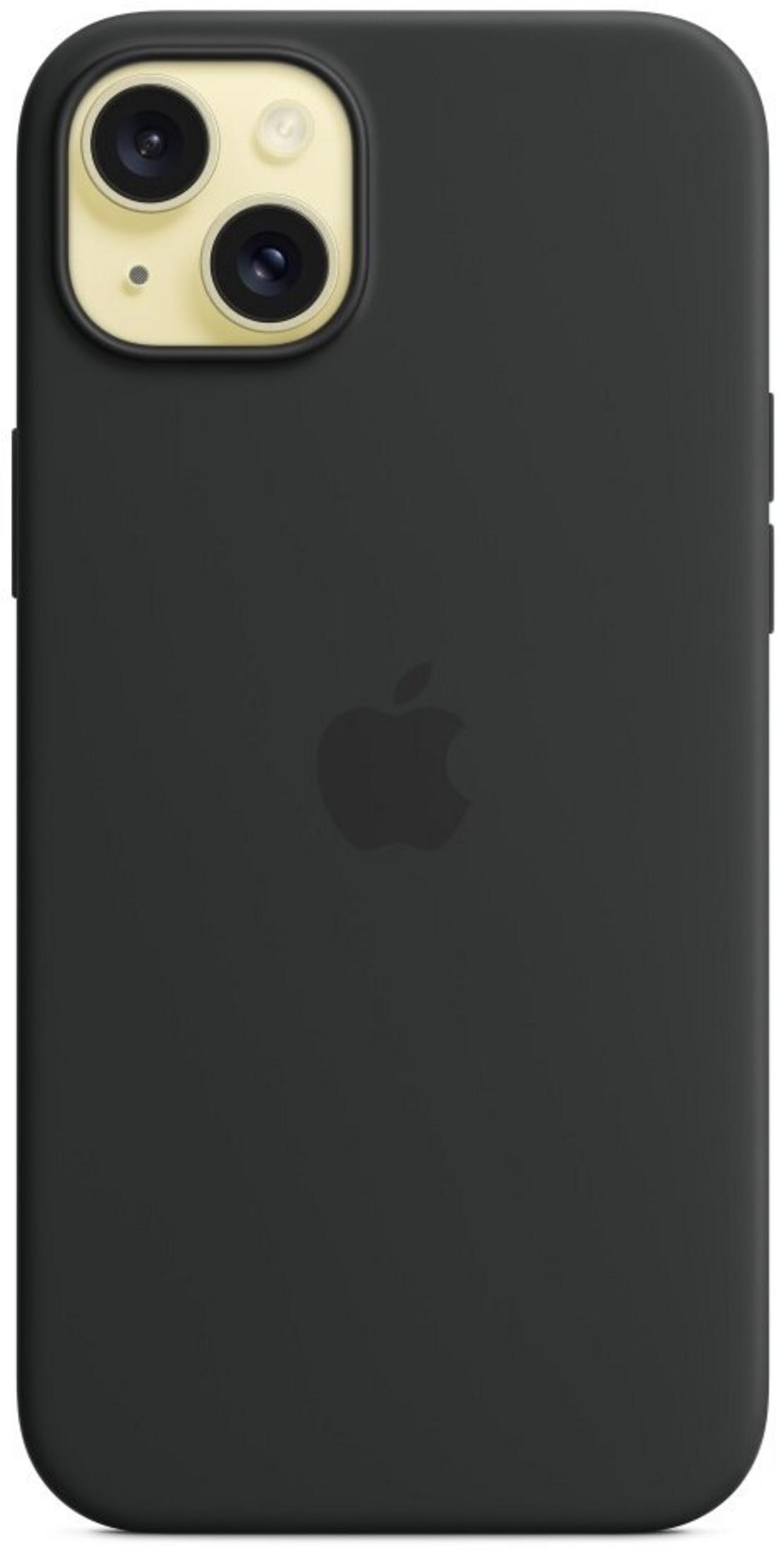 Coque iPhone noire avec découpe double caméra et logo Apple.
