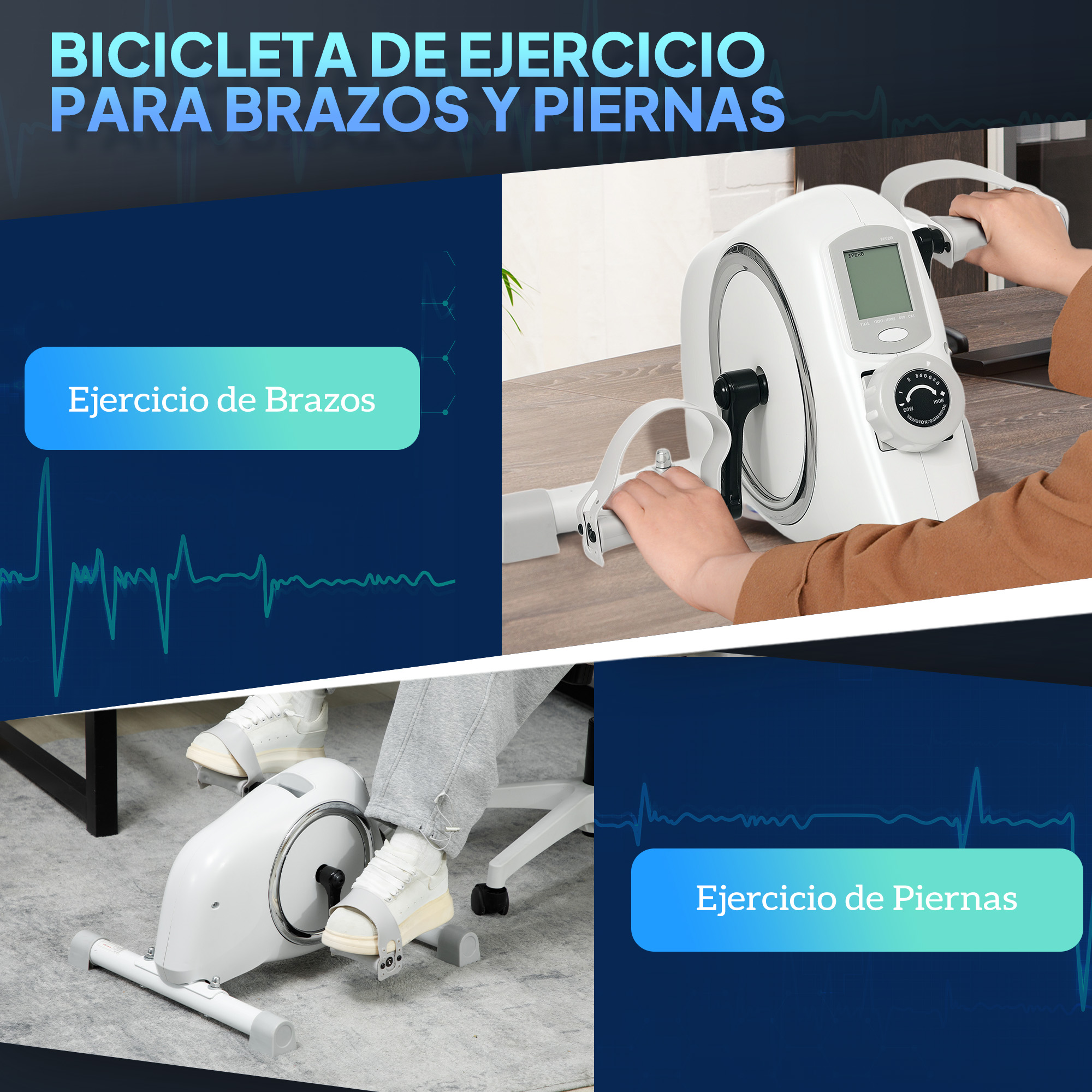 Bicicletas de ejercicio blancas compactas para brazos y piernas.