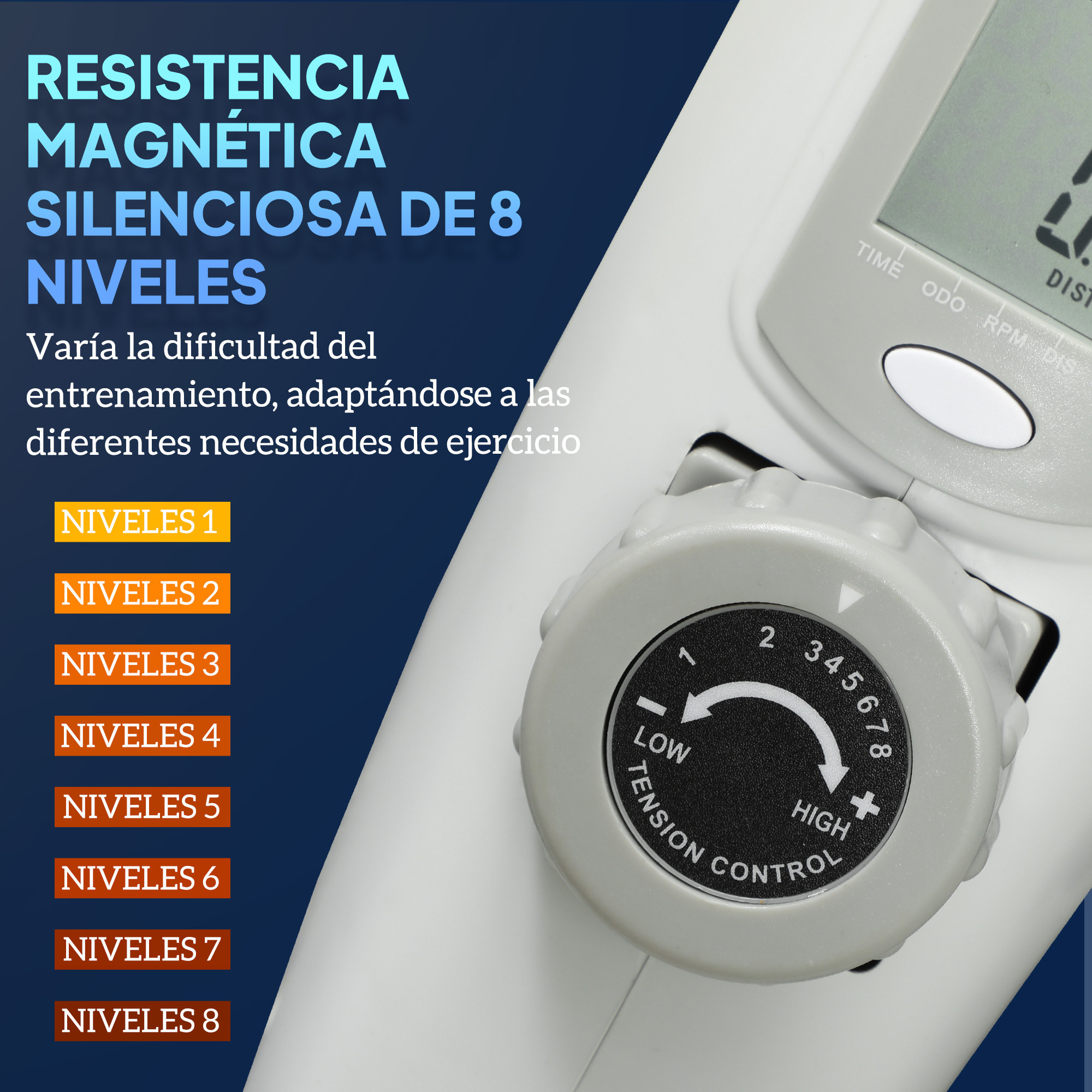 Primer plano de un dispositivo con 8 niveles de resistencia y control de tensión.