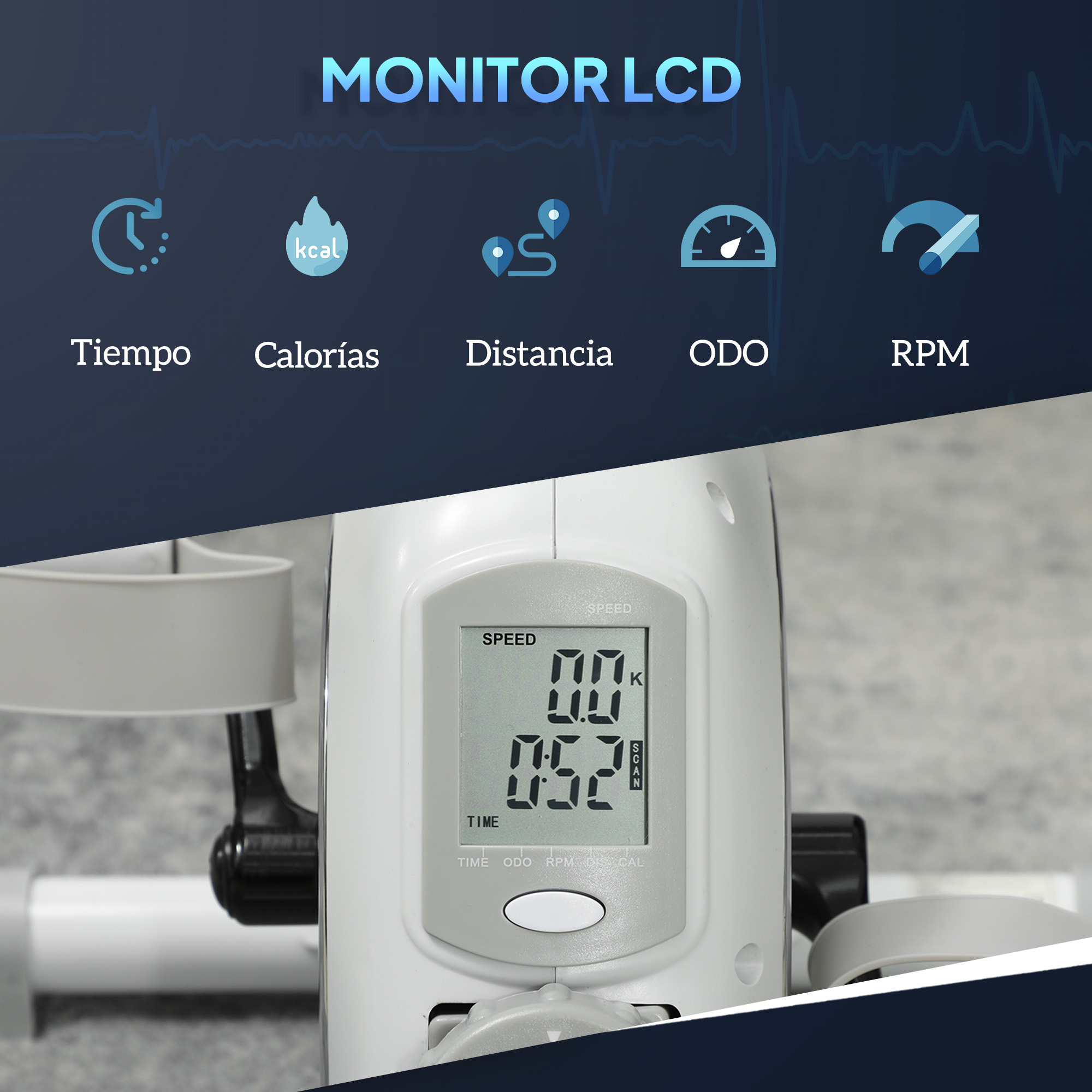 Una pantalla LCD muestra velocidad 0.0, tiempo 0:52, ODO, RPM, distancia y calorías.