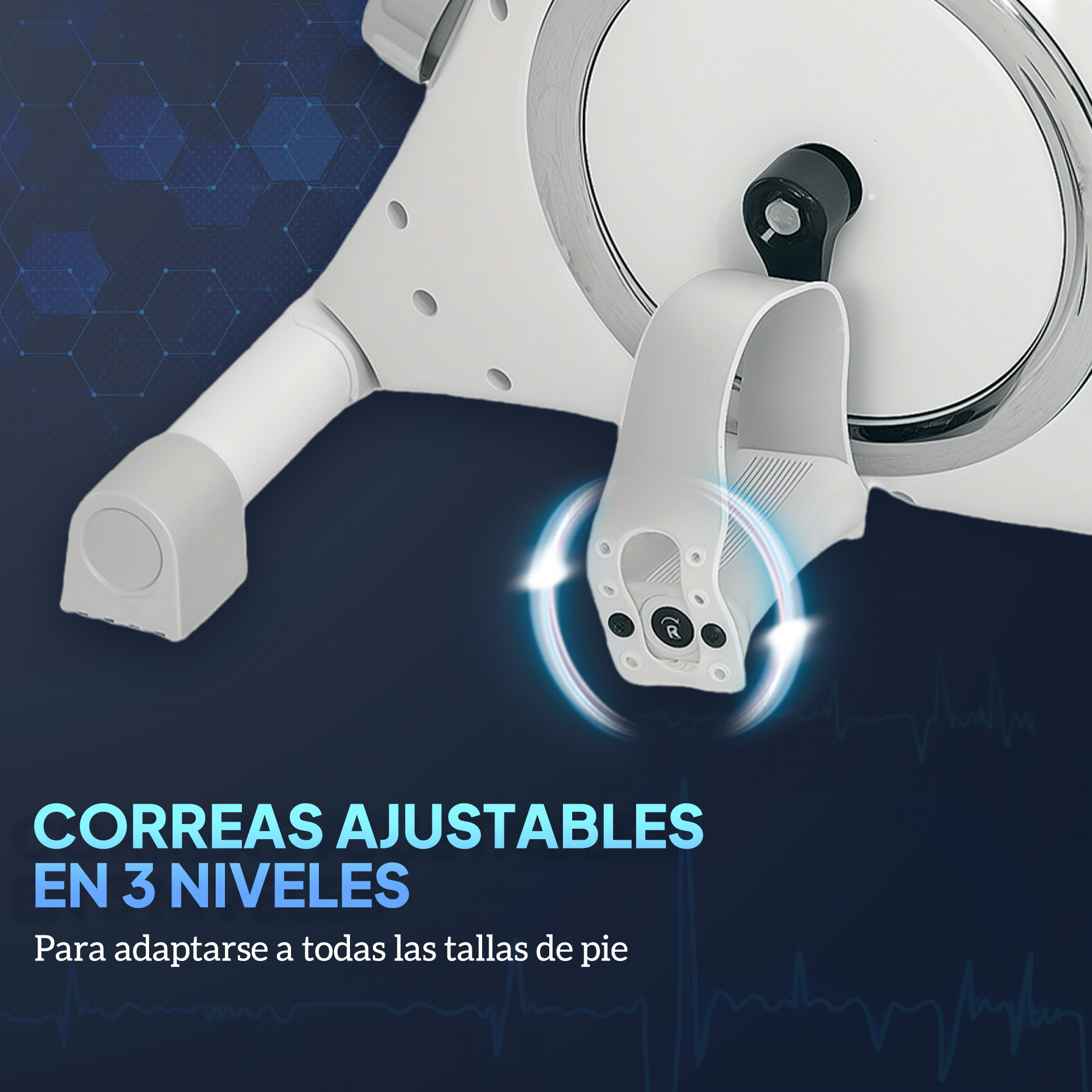 Primer plano de pedal de bicicleta estática blanco con correas ajustables y brillo azul.