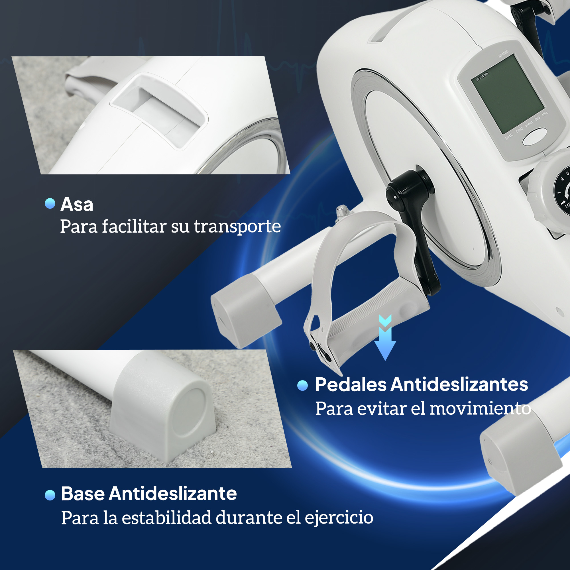 Bicicleta estática blanca con pantalla digital, pedales y base antideslizante.