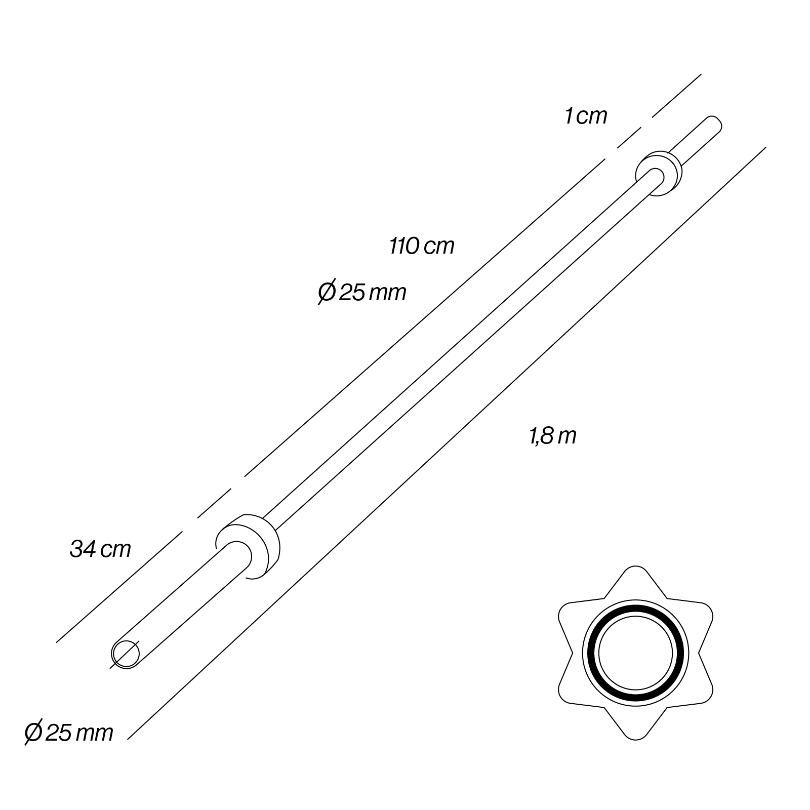 Diagrama de una barra de pesas con dimensiones: 1.8m de largo, 25mm de diámetro, 110cm de eje, 34cm de manga.