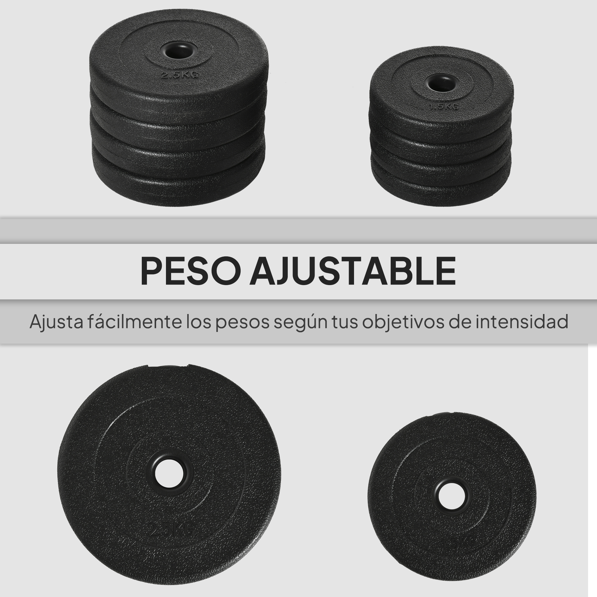 Discos de pesas negros en varios tamaños y pilas.