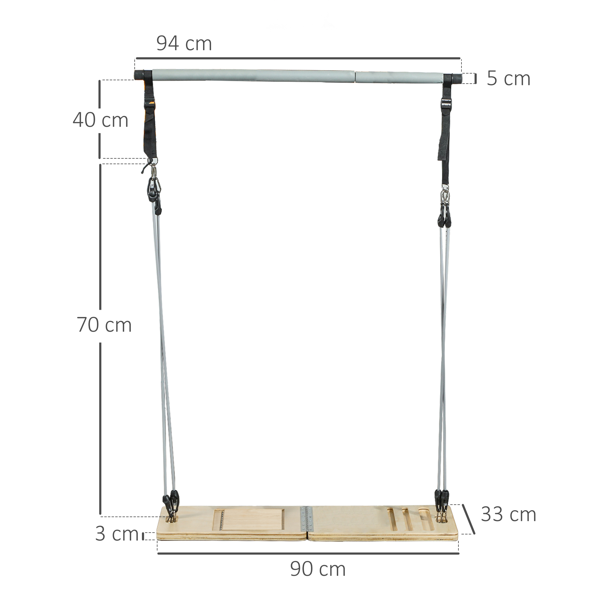 Un columpio con barra gris, cuerdas grises y asiento de madera. Se marcan dimensiones.