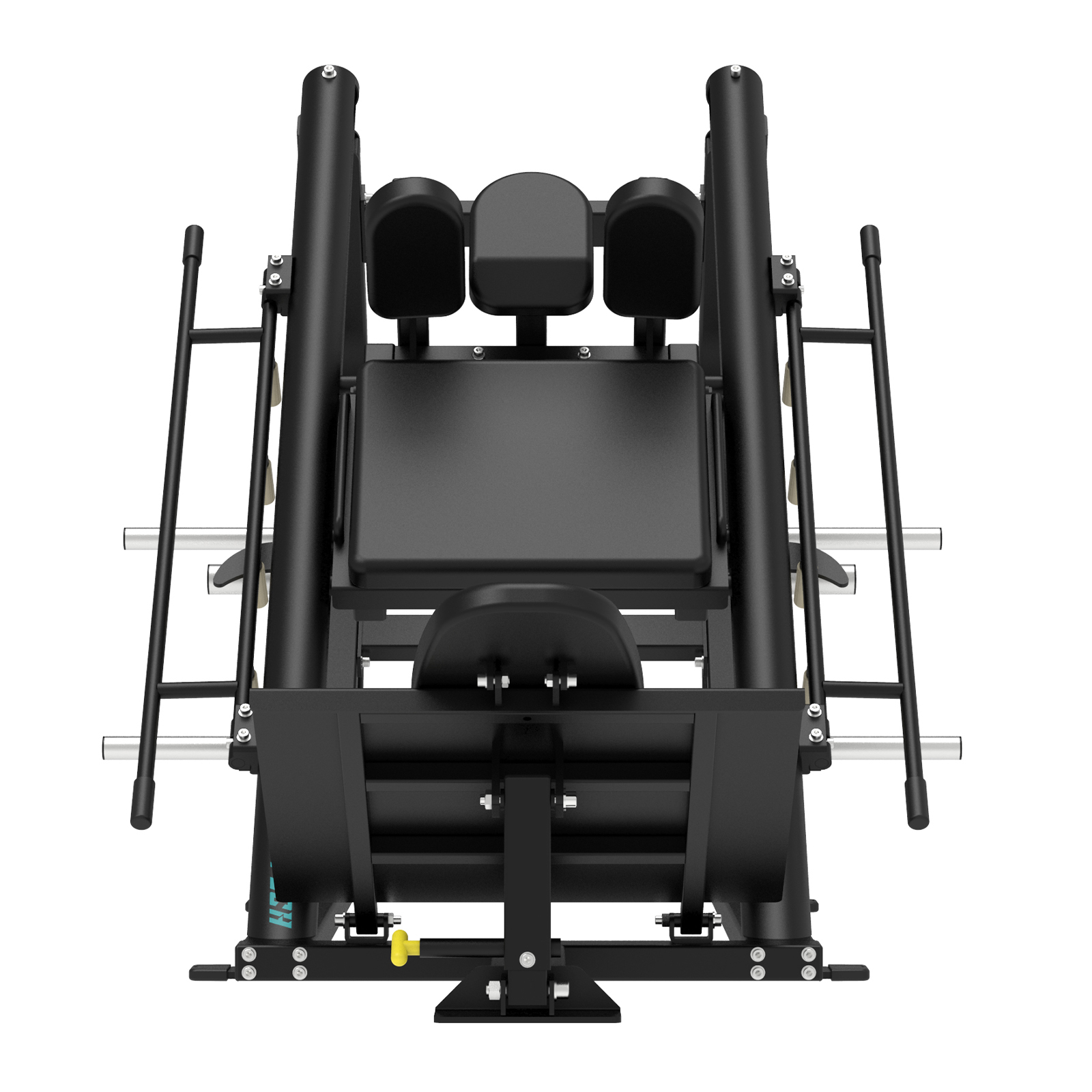Una máquina hack squat negra con reposabrazos y asiento acolchados, sobre fondo blanco.