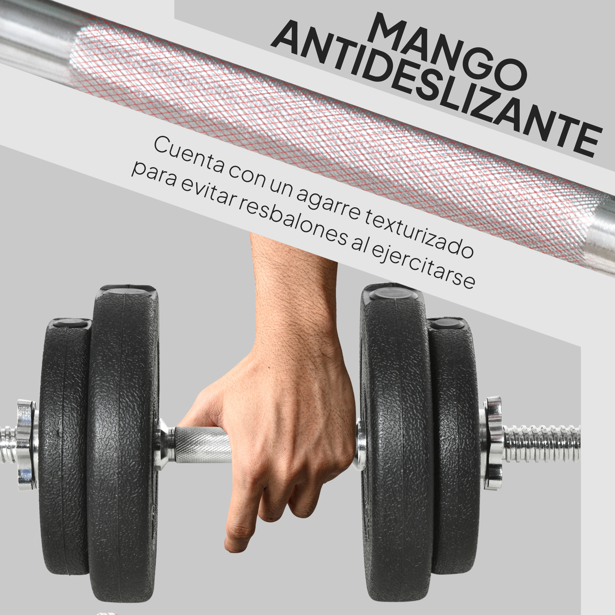 Mano sujetando barra texturizada con discos negros. Texto: 'MANGO ANTIDESLIZANTE'.