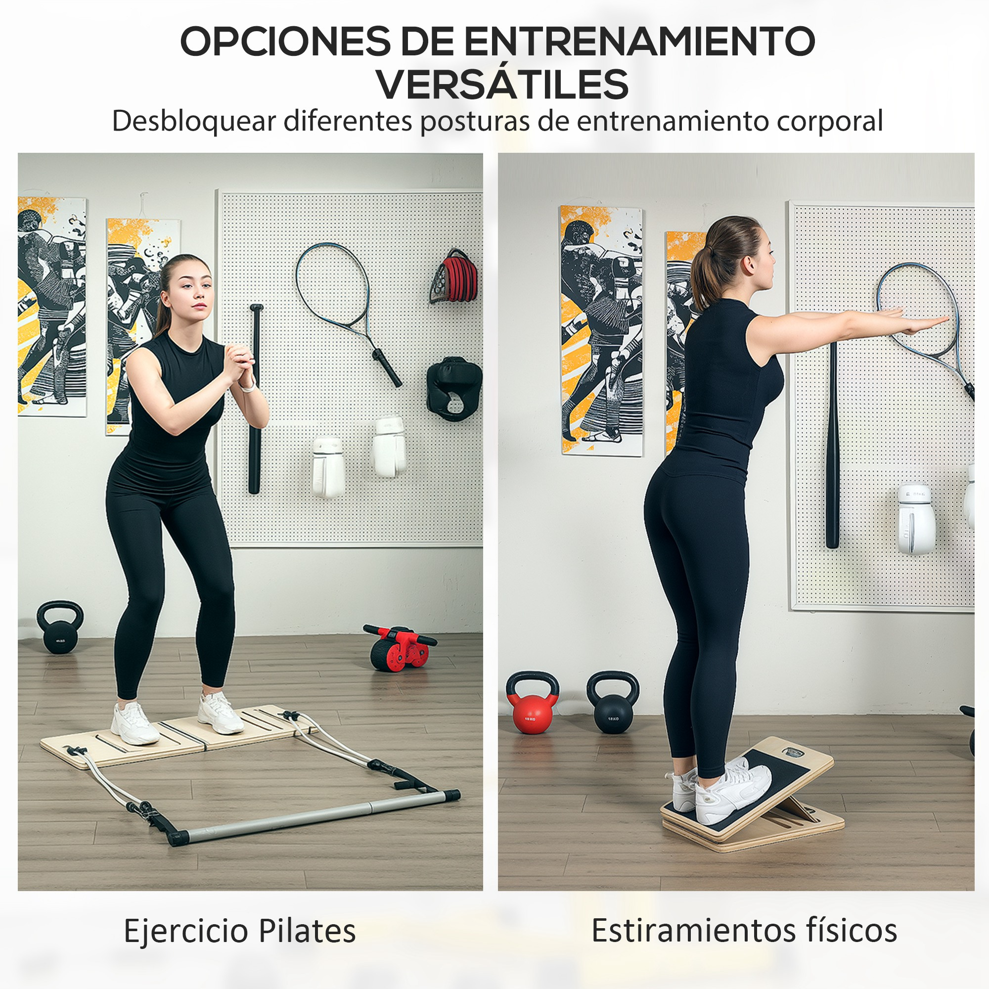 Mujer haciendo Pilates, mujer estirando en tabla inclinada, equipo deportivo.