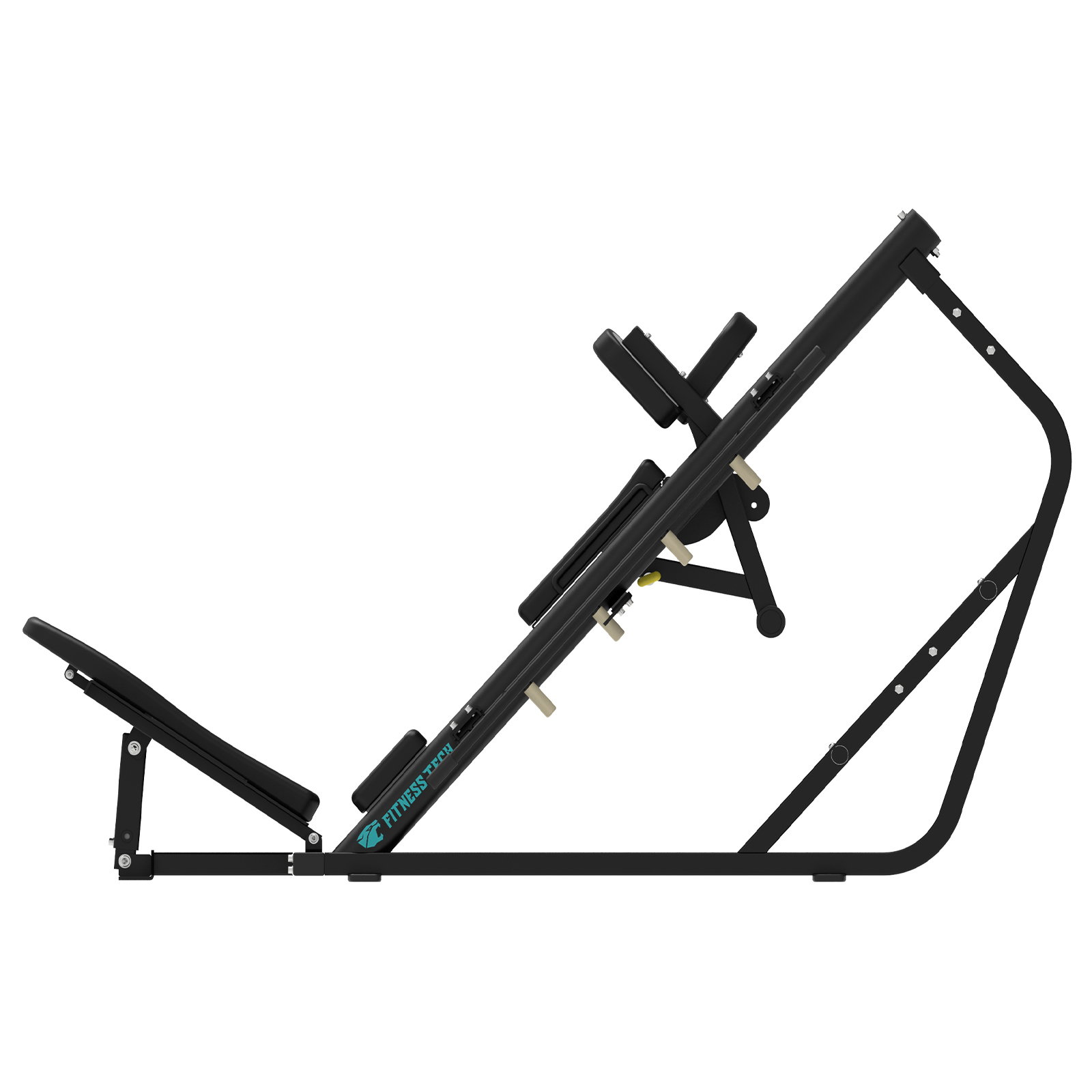 Máquina de ejercicio negra con inclinación ajustable y asiento acolchado. Logo Fitness Tech visible.