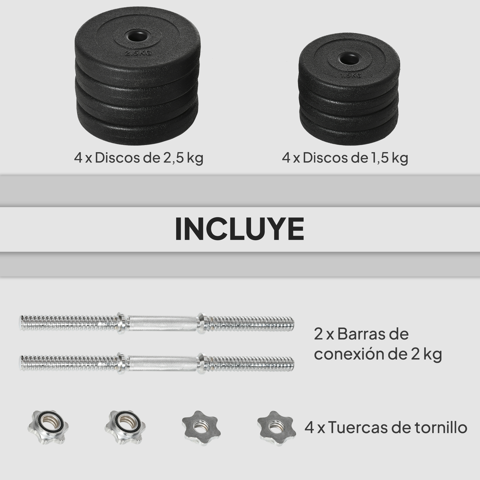 Juego de discos de peso negros y barras de mancuerna plateadas. Incluye 4x2,5kg, 4x1,5kg discos, 2 barras, 4 tuercas.