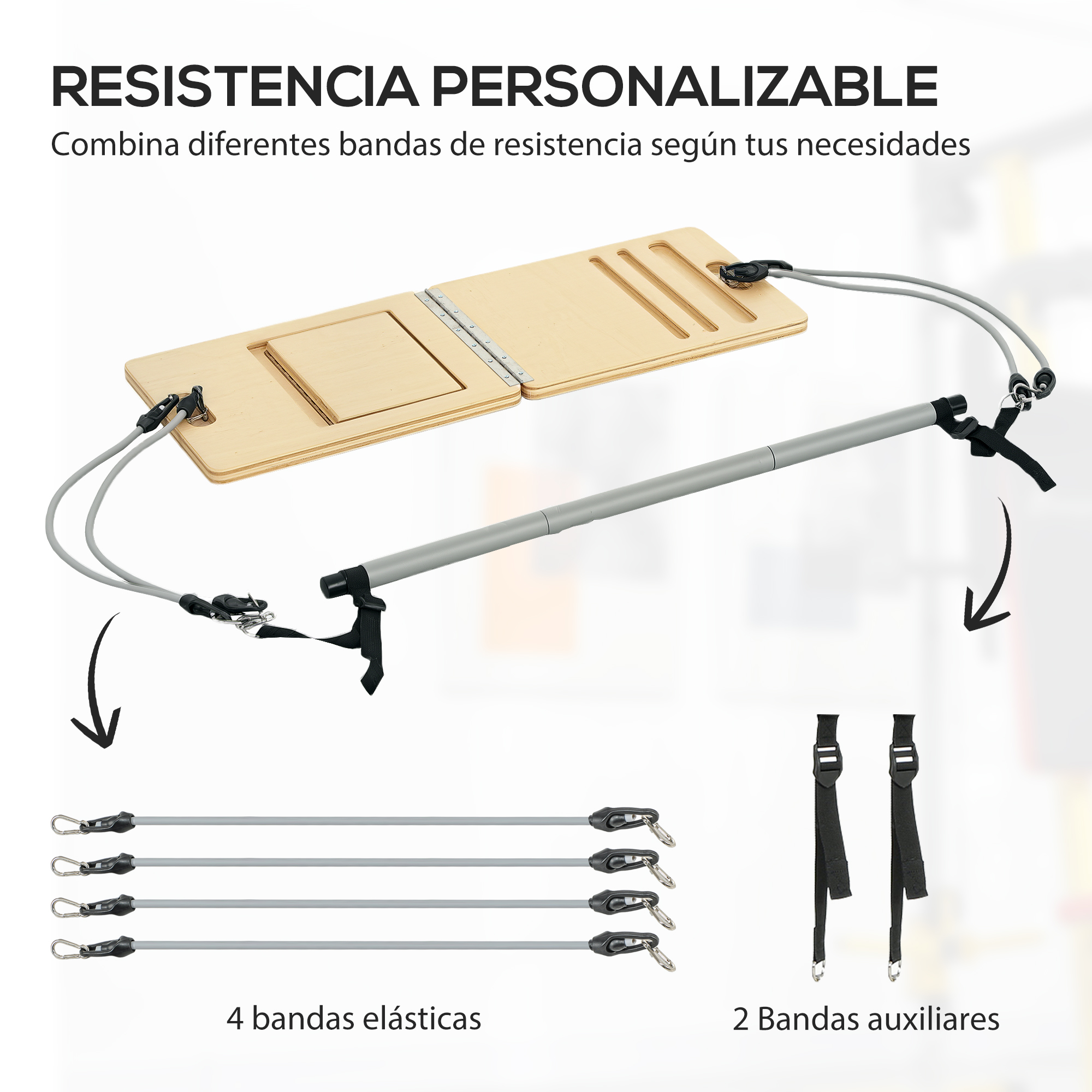 Tabla de entrenamiento de madera con bandas de resistencia.