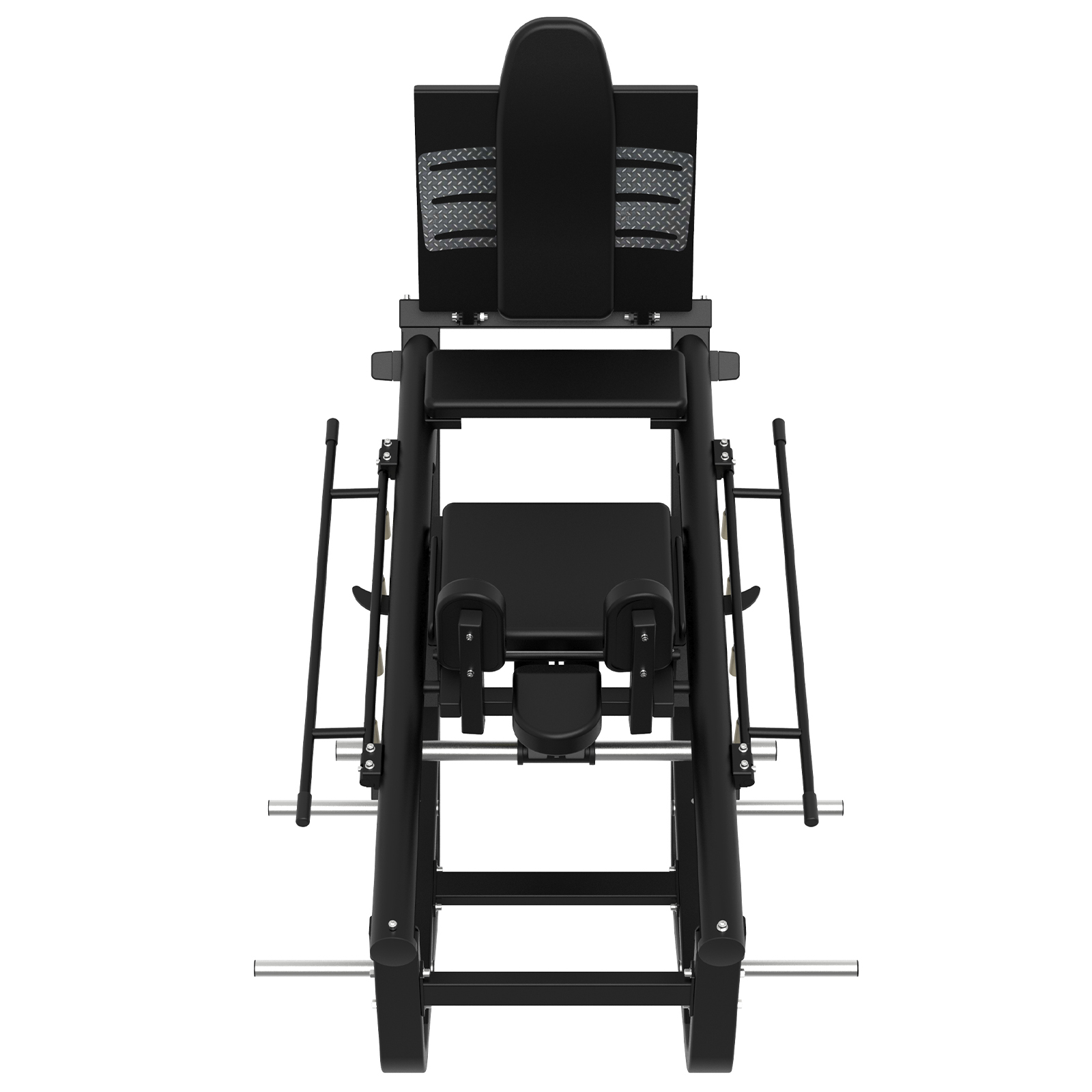 Una máquina de prensa de piernas negra con respaldo y asiento acolchados.