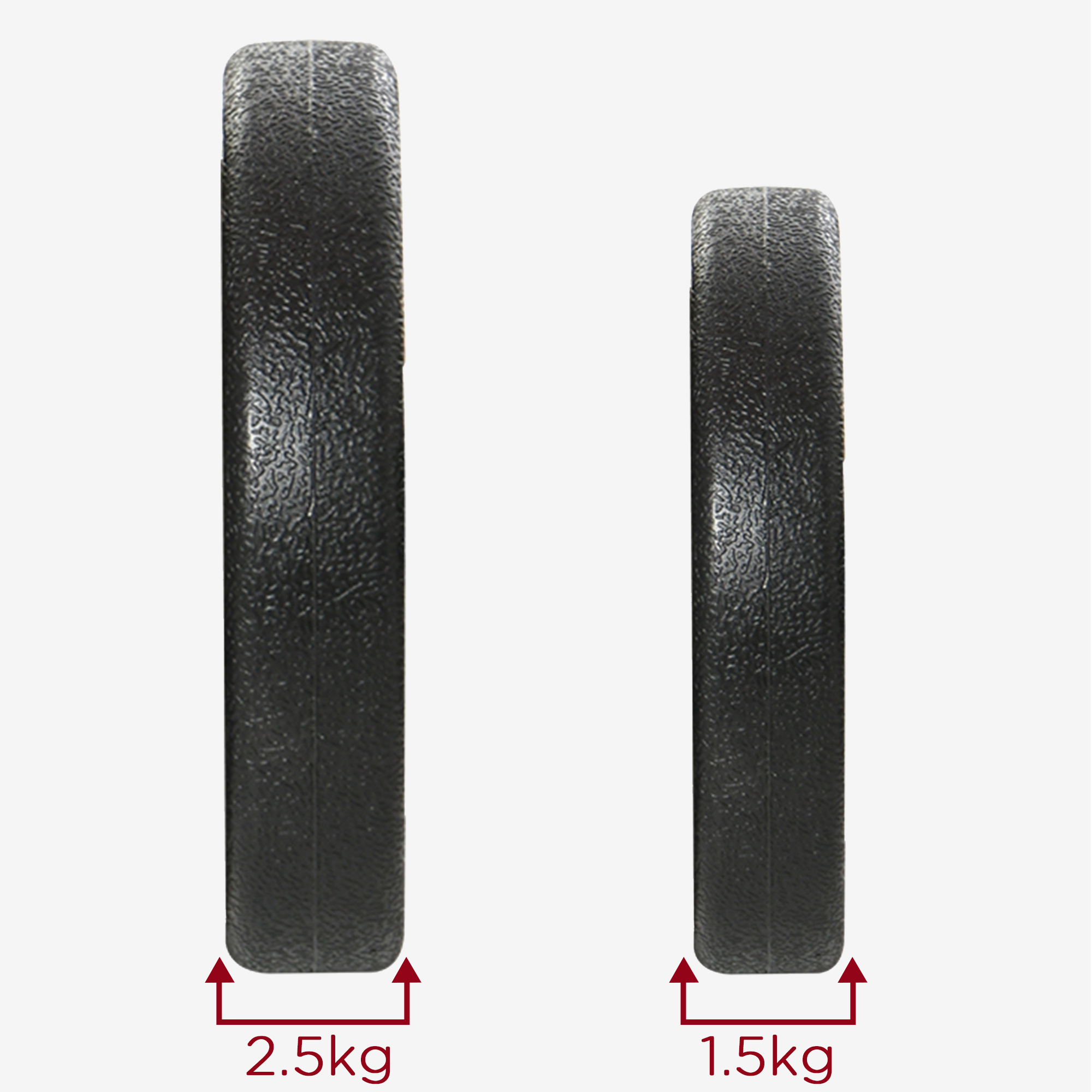 Dos discos de pesas negros, 2.5kg y 1.5kg, uno al lado del otro sobre fondo blanco.