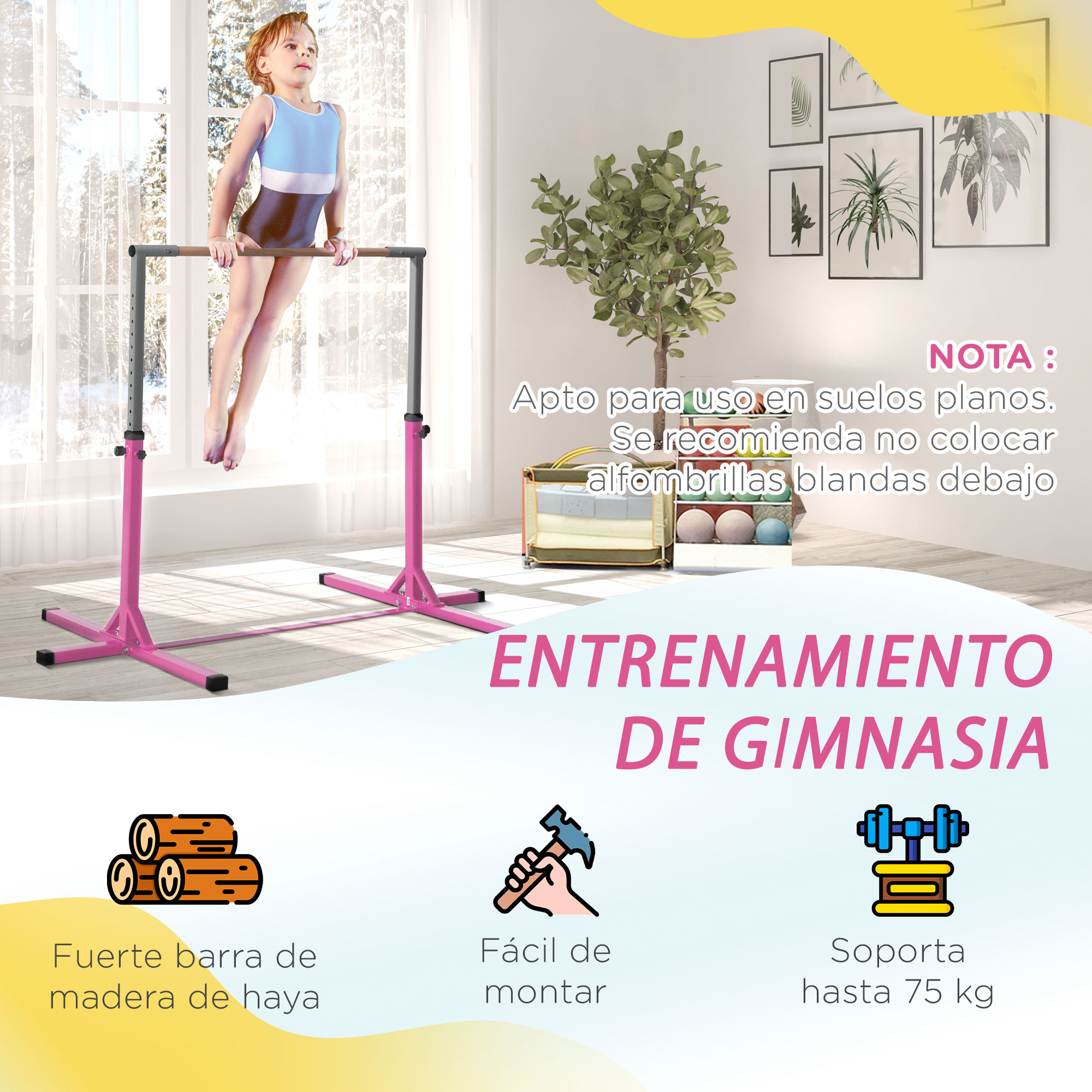 Joven gimnasta en barras rosas, con texto sobre entrenamiento y características.