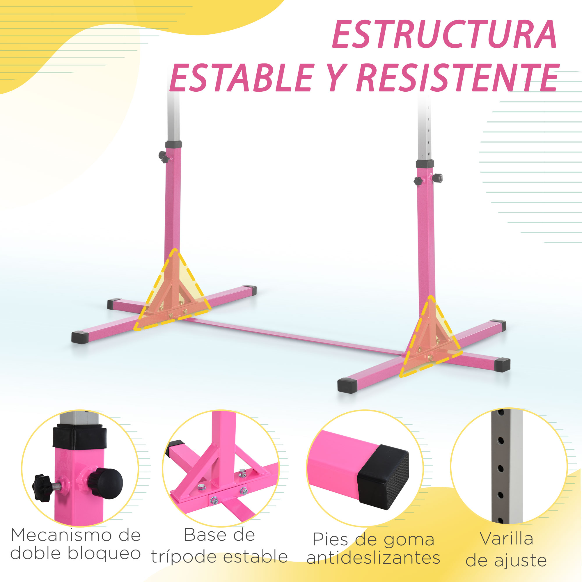 Base rosa de barra de gimnasia con detalles en mecanismo de bloqueo y base trípode.