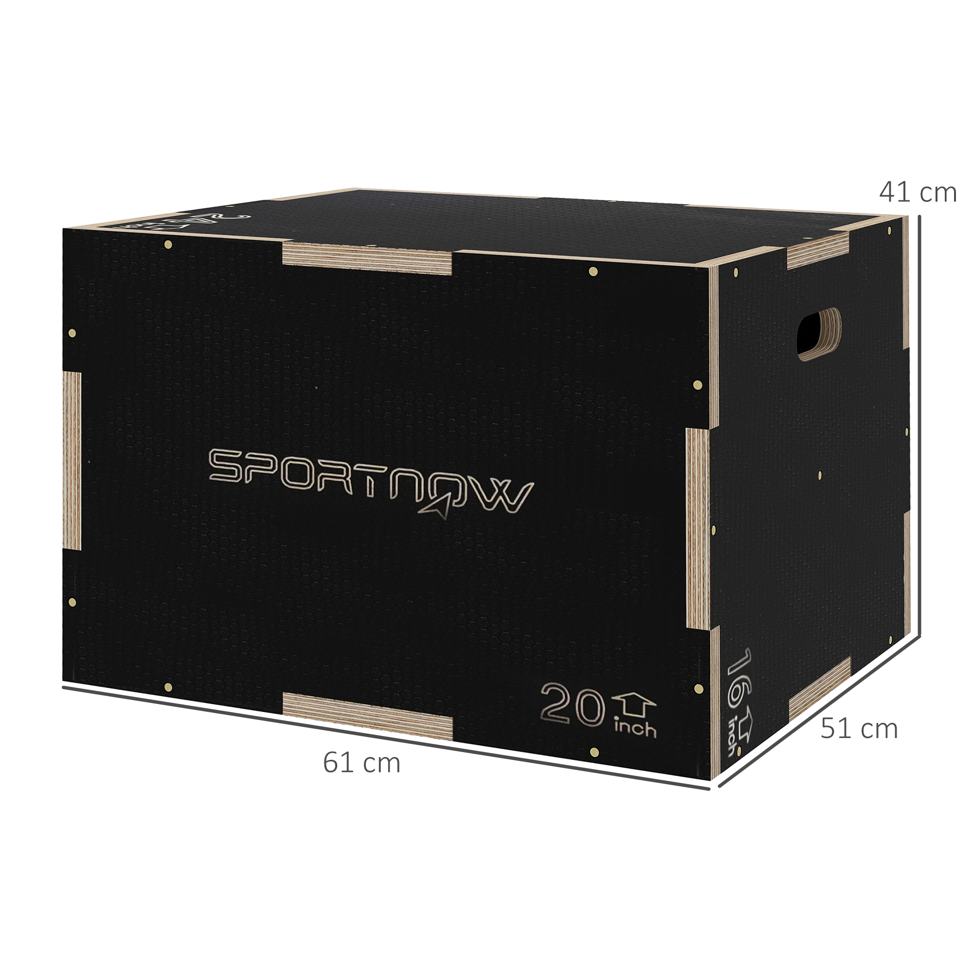 Caja pliométrica negra con dimensiones 61x51x41 cm y marca de 20 pulgadas.