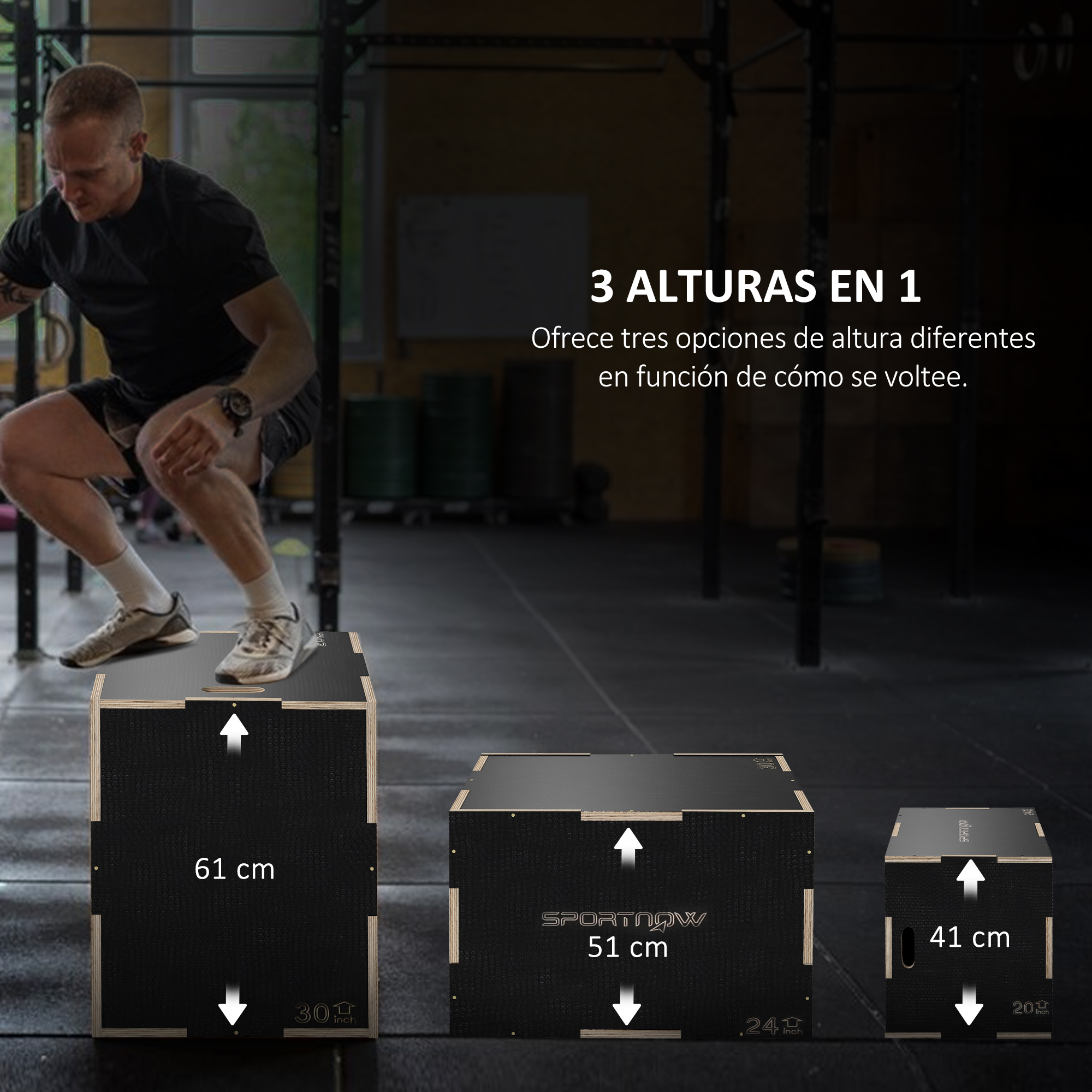Hombre saltando en cajas de 61cm, 51cm y 41cm de altura.
