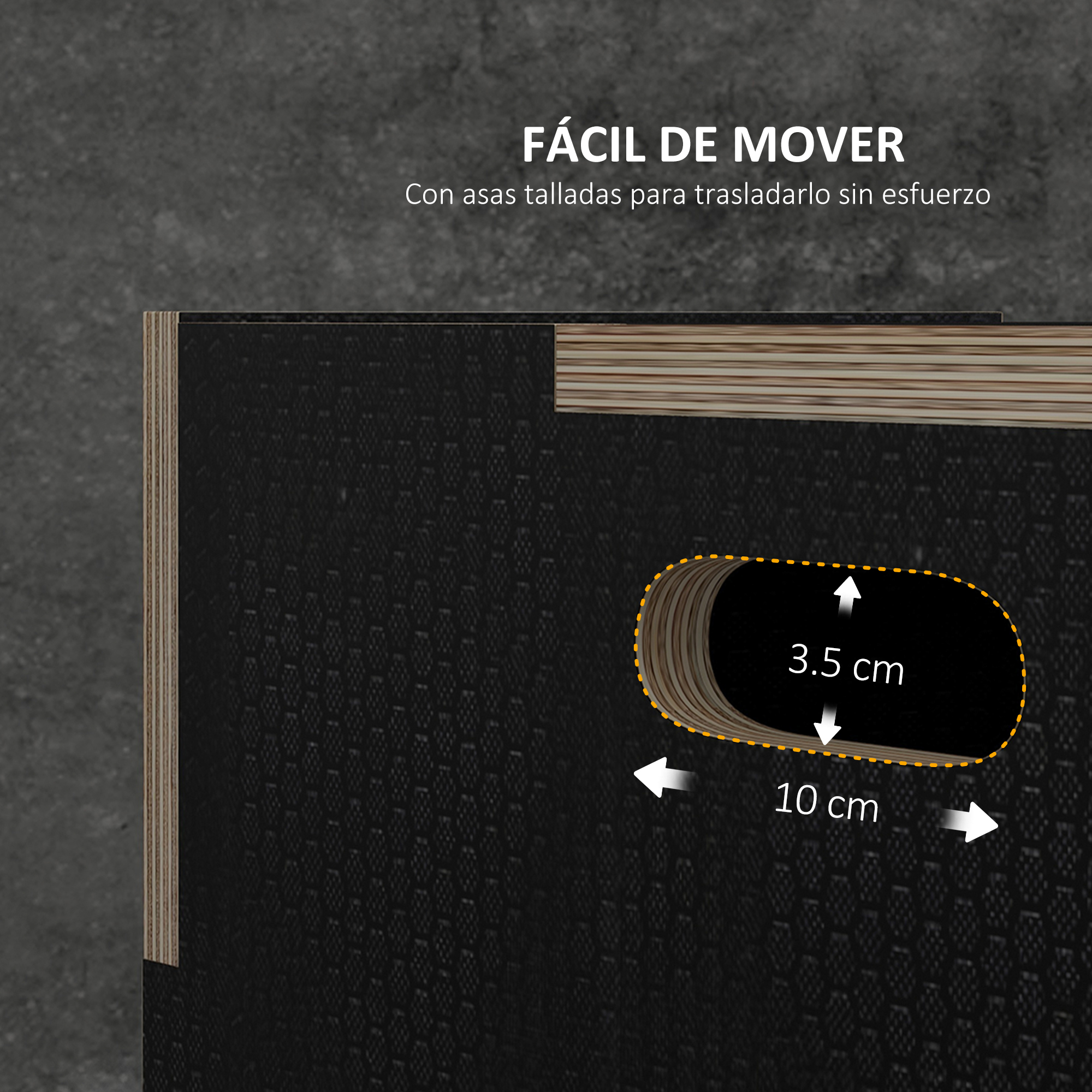 Panel negro con hueco de agarre de 10x3.5 cm y capas de madera.