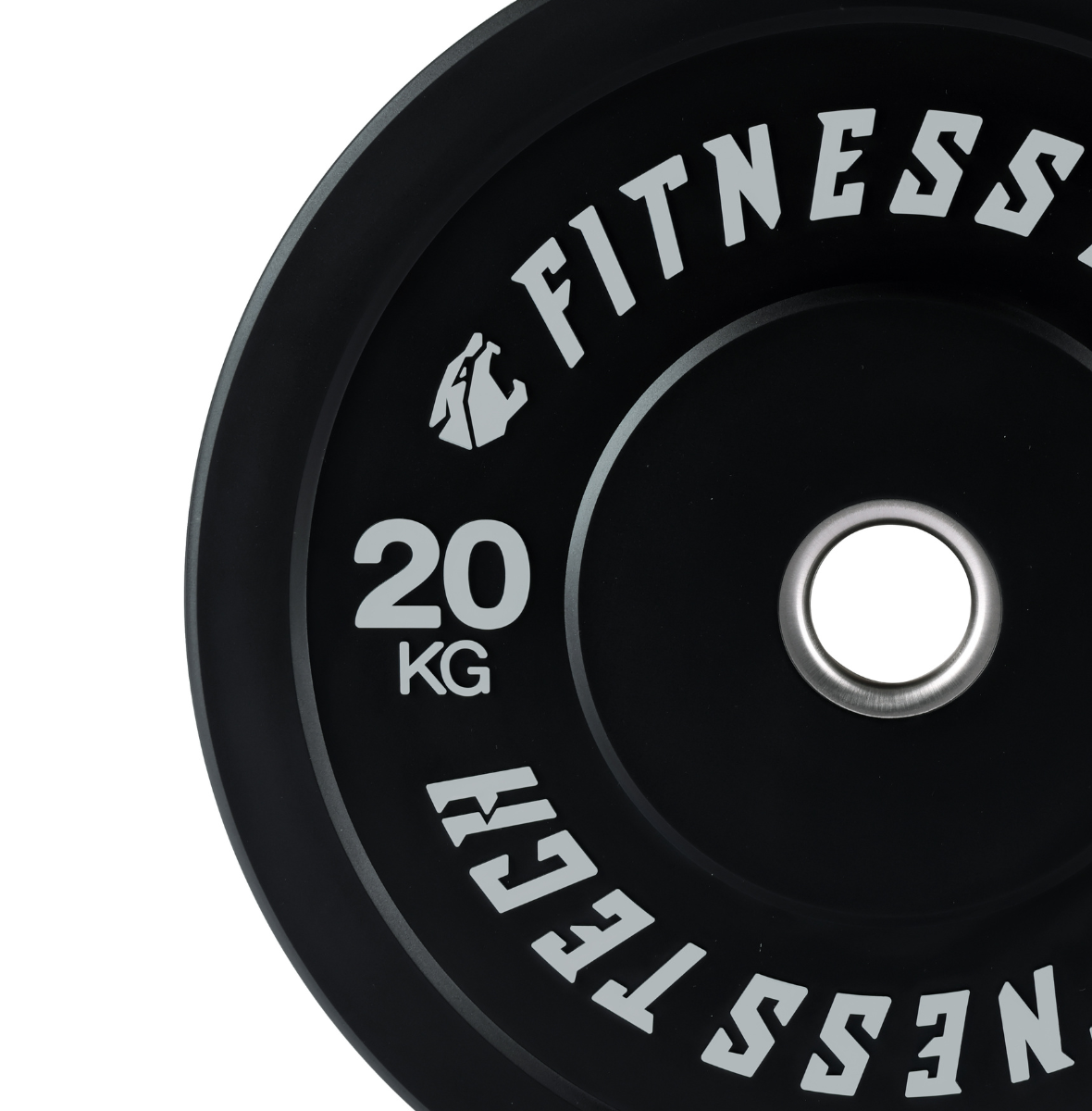 Disco de pesas negro de 20 kg con texto blanco 'FITNESS TECH' y logo.