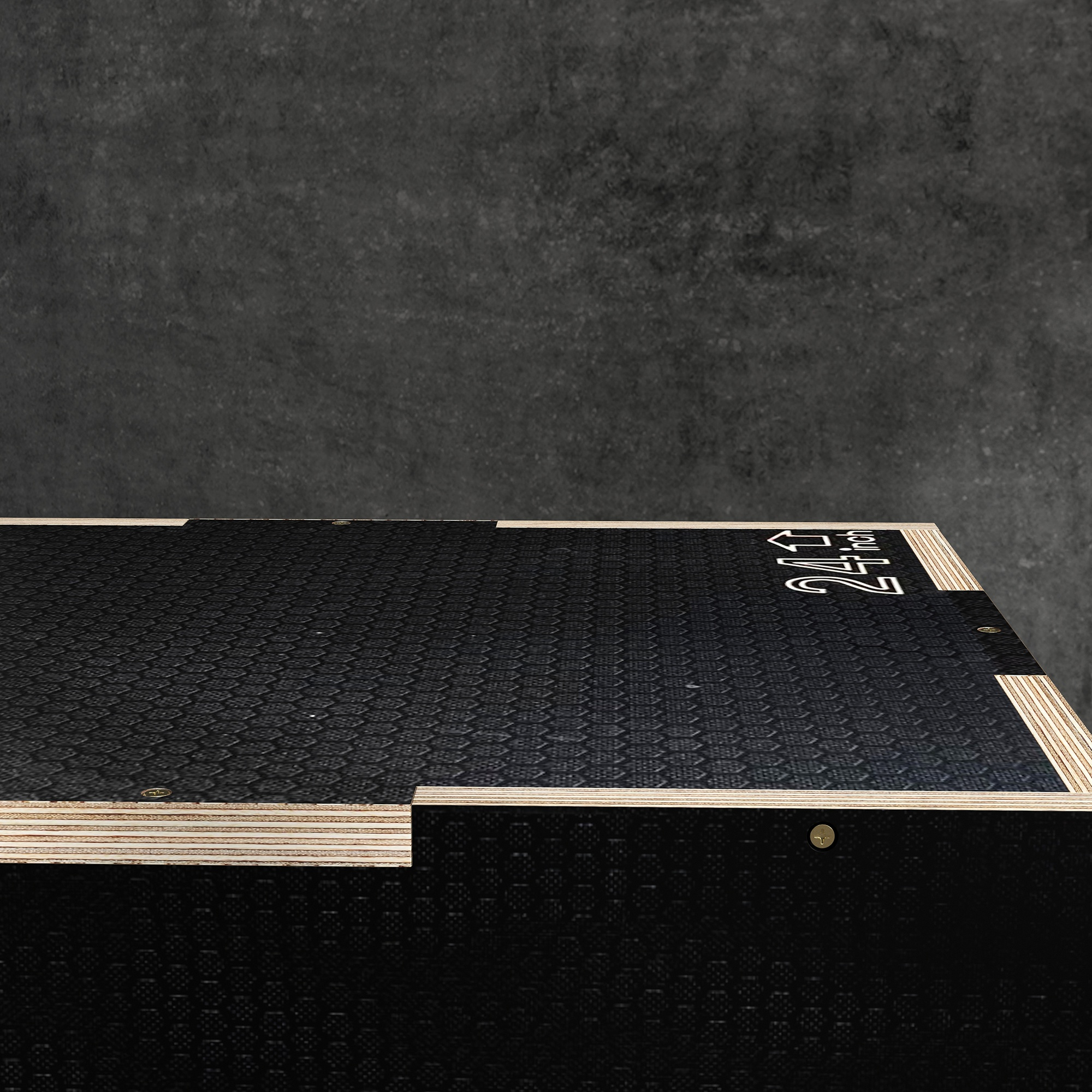 Caja pliométrica negra con texto '24 in' y gráfico de flecha.