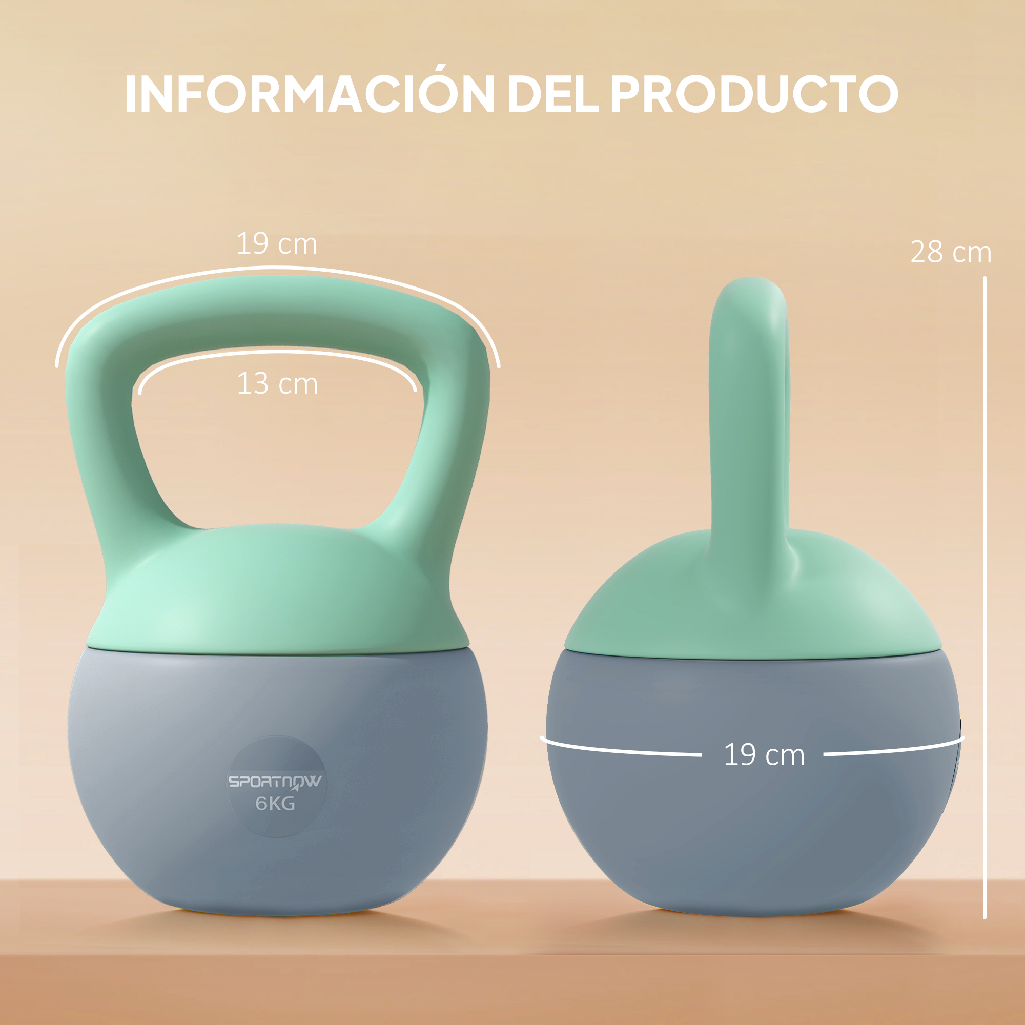 Dos pesas rusas verde menta y grises con medidas. Peso 6kg.