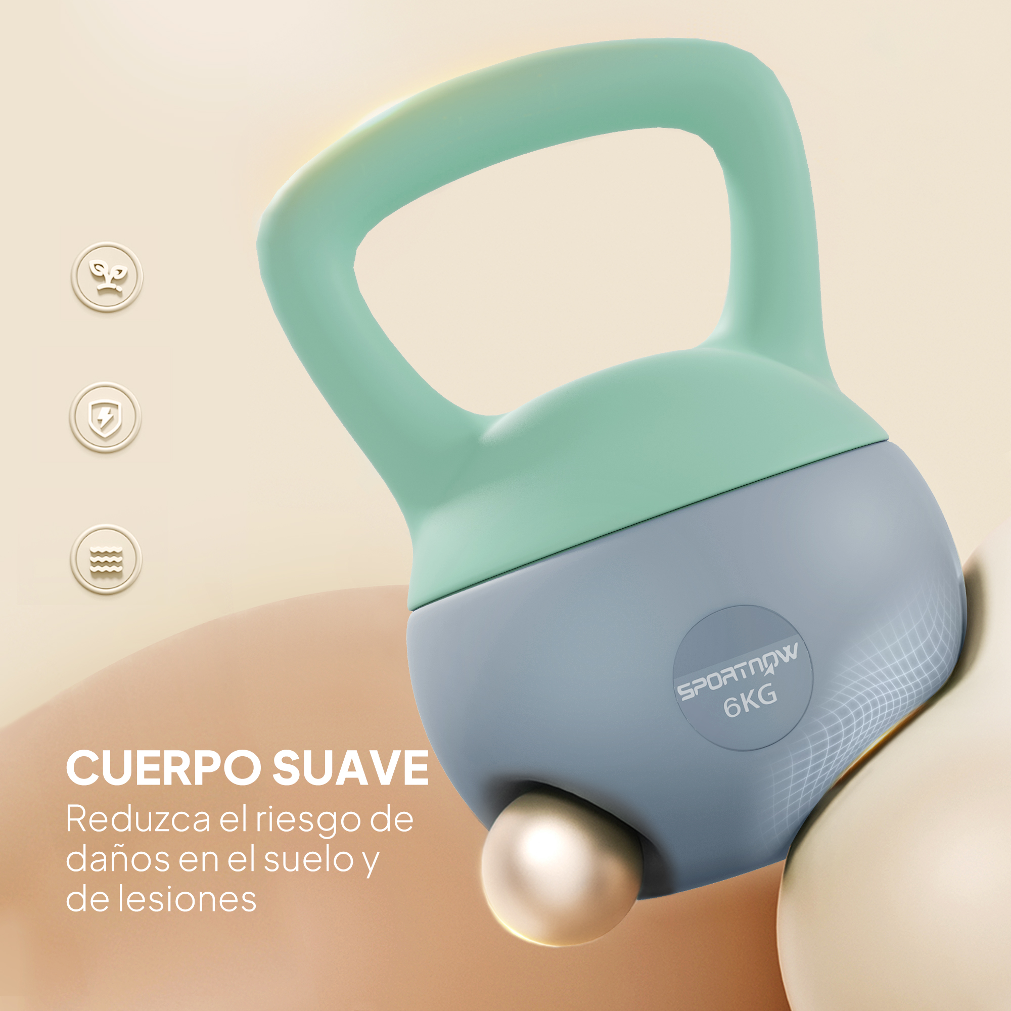 Una pesa rusa de 6 kg en verde menta y gris. Cuerpo suave.