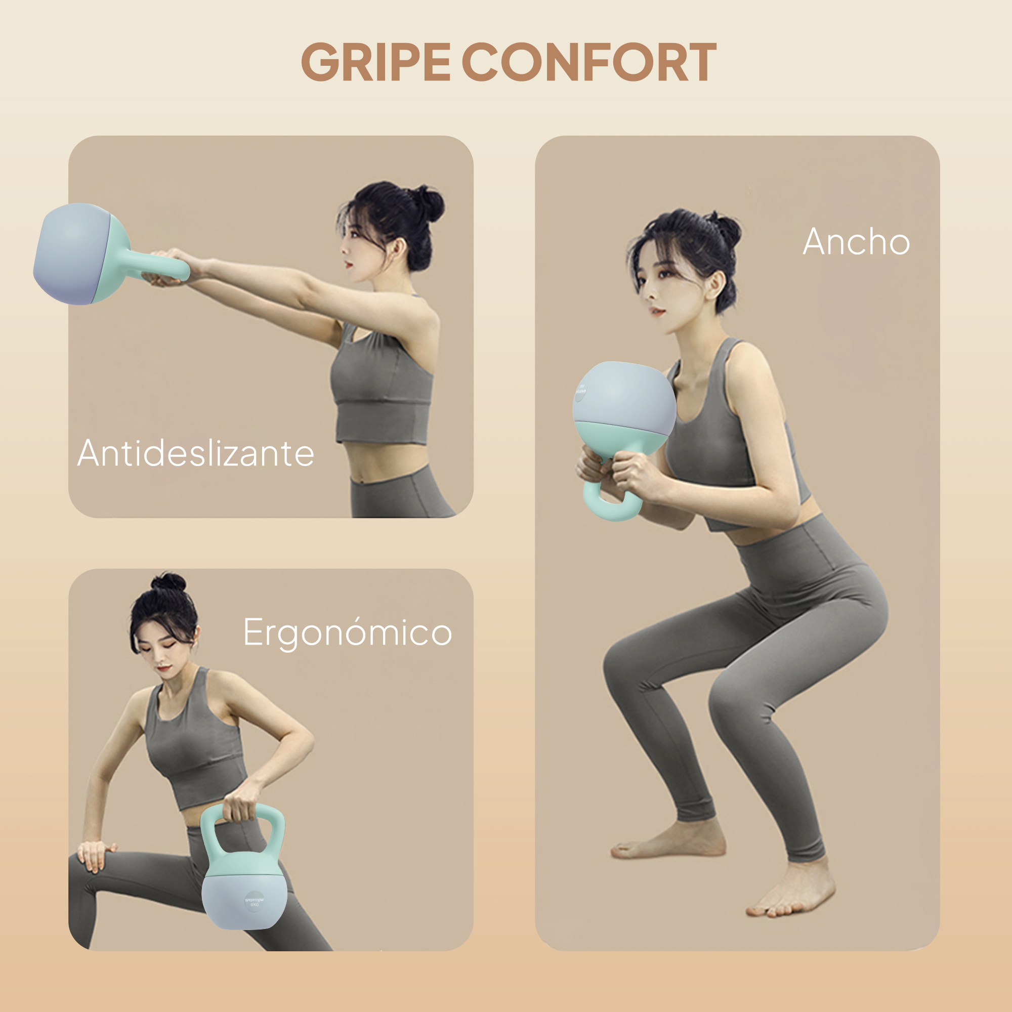 Mujer con ropa deportiva gris y pesa rusa azul-verde, tres posturas de ejercicio.