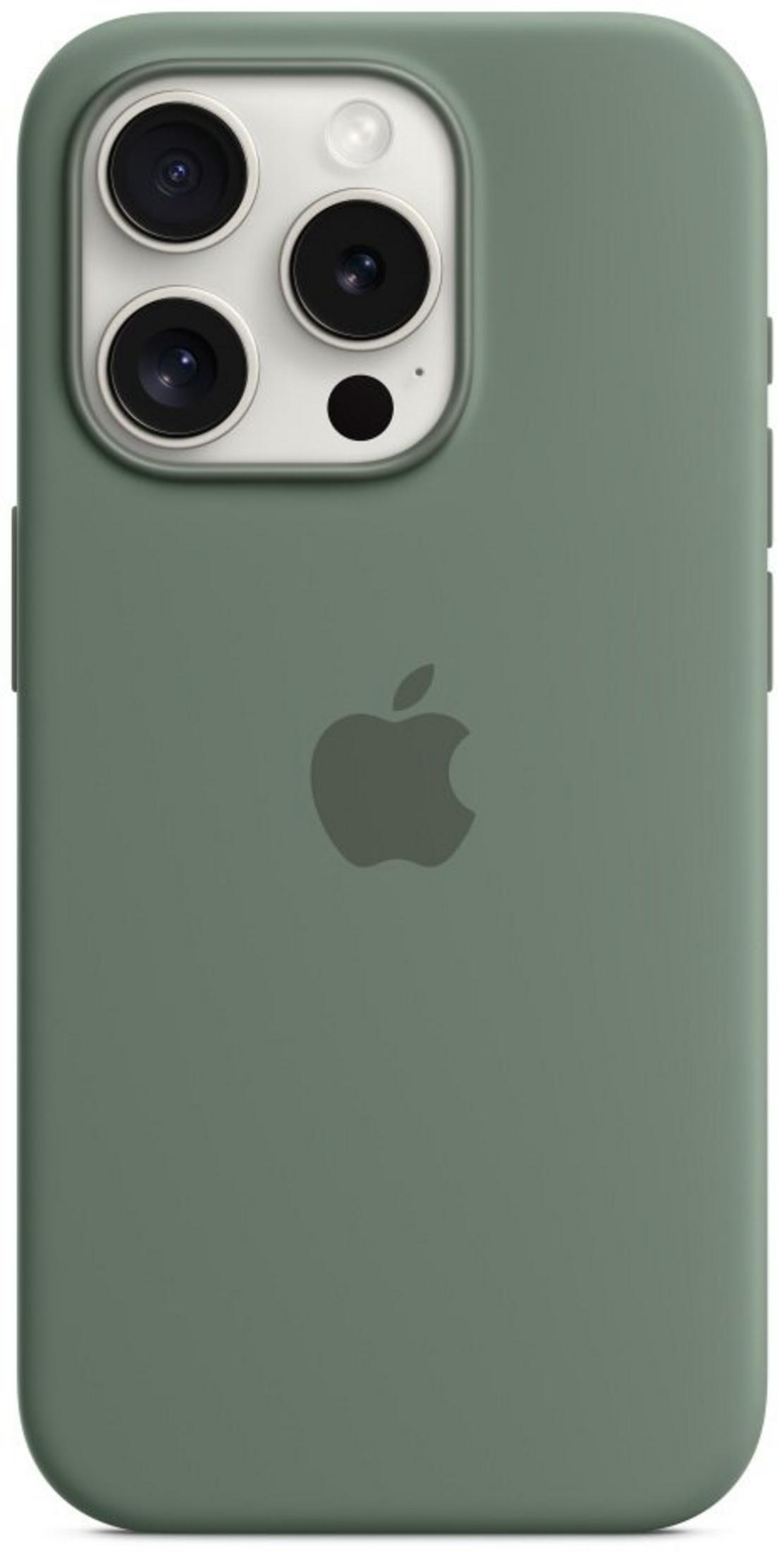 Green iPhone case with a triple camera setup and Apple logo.