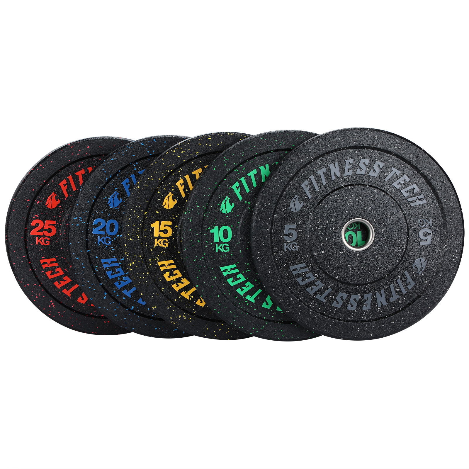 Discos de pesas negros con etiquetas de KG de colores: 25 rojo, 20 azul, 15 amarillo, 10 verde, 5 gris.