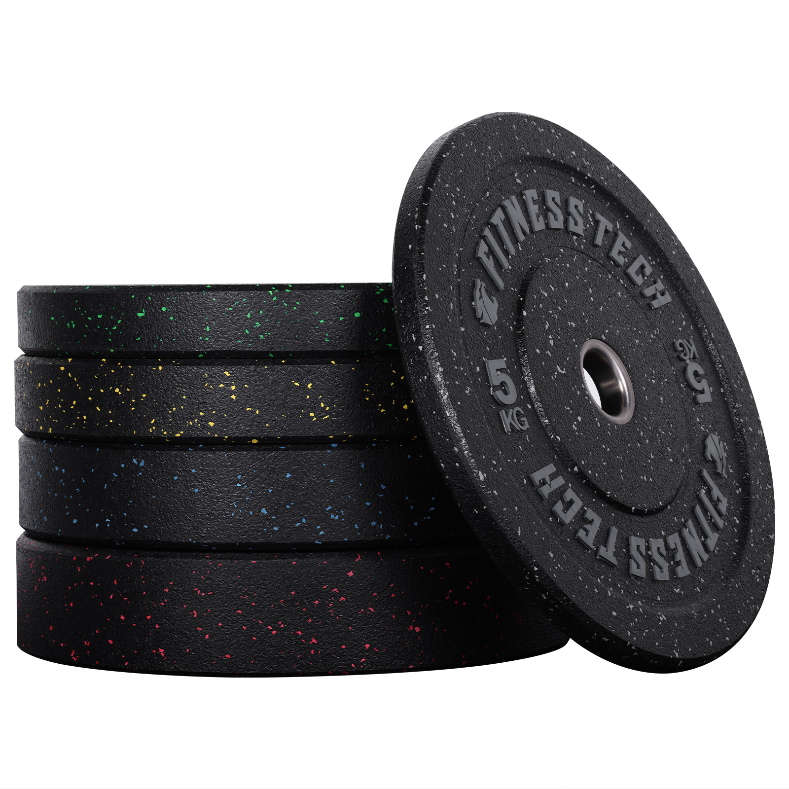 Pila de discos de pesas negros con motas coloridas, un disco de 5 kg está delante.