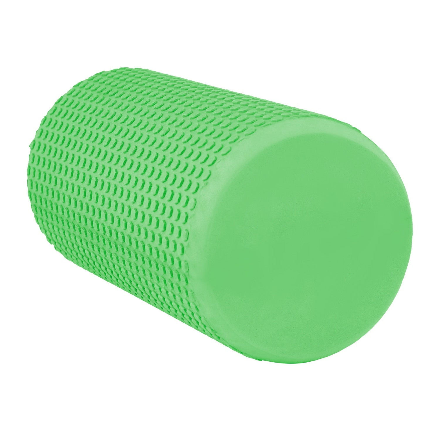 Un rodillo de espuma verde texturizado yace horizontal sobre fondo blanco.