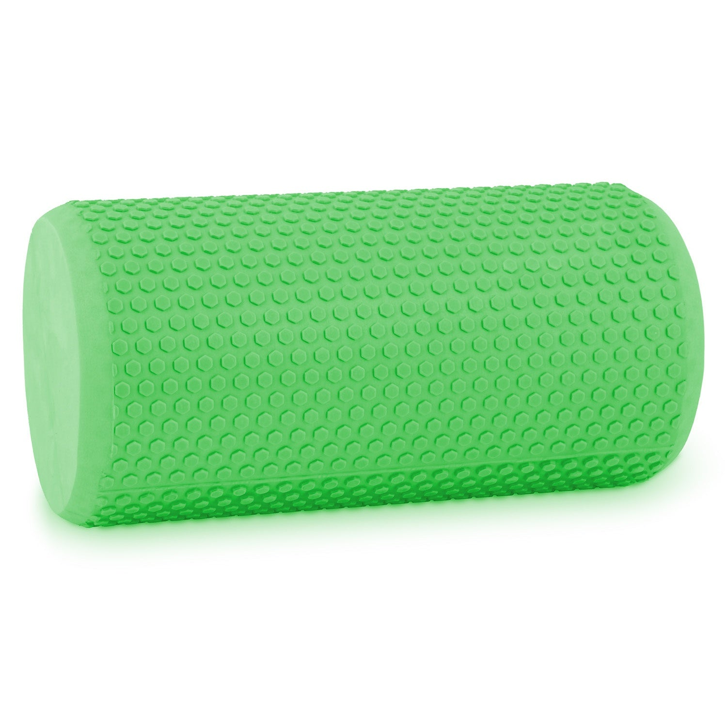 Un rodillo de masaje de espuma verde brillante con textura de panal.