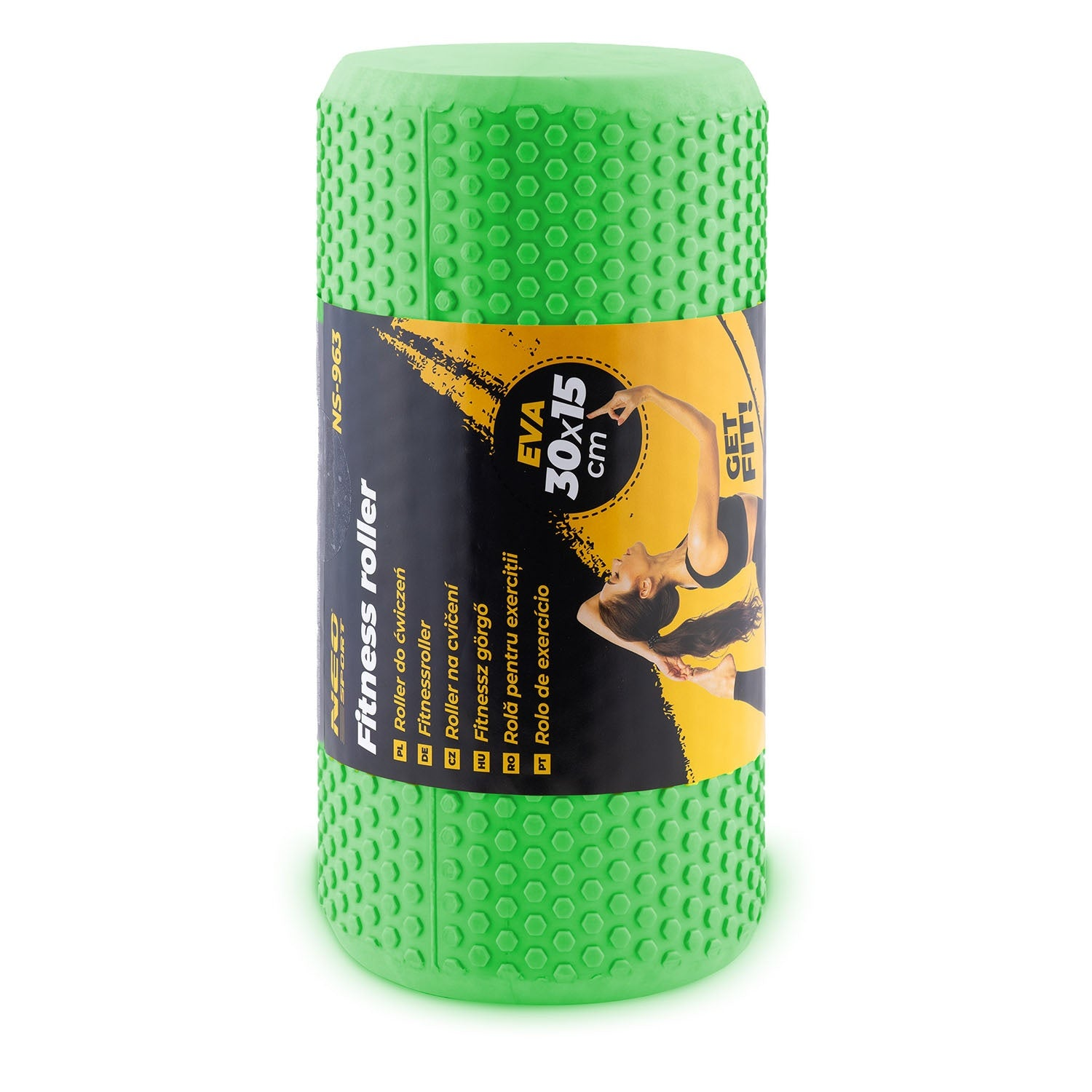 Rodillo de fitness verde texturizado con etiqueta negra mostrando detalles del producto.