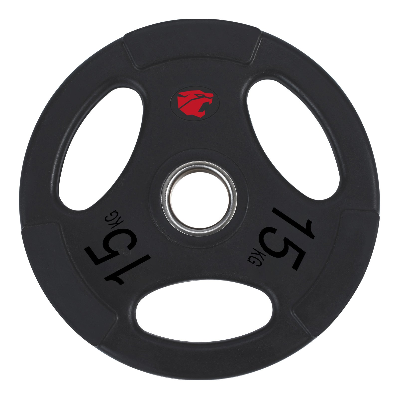 Disco de pesas negro de 15 kg con tres agarres y logo rojo.
