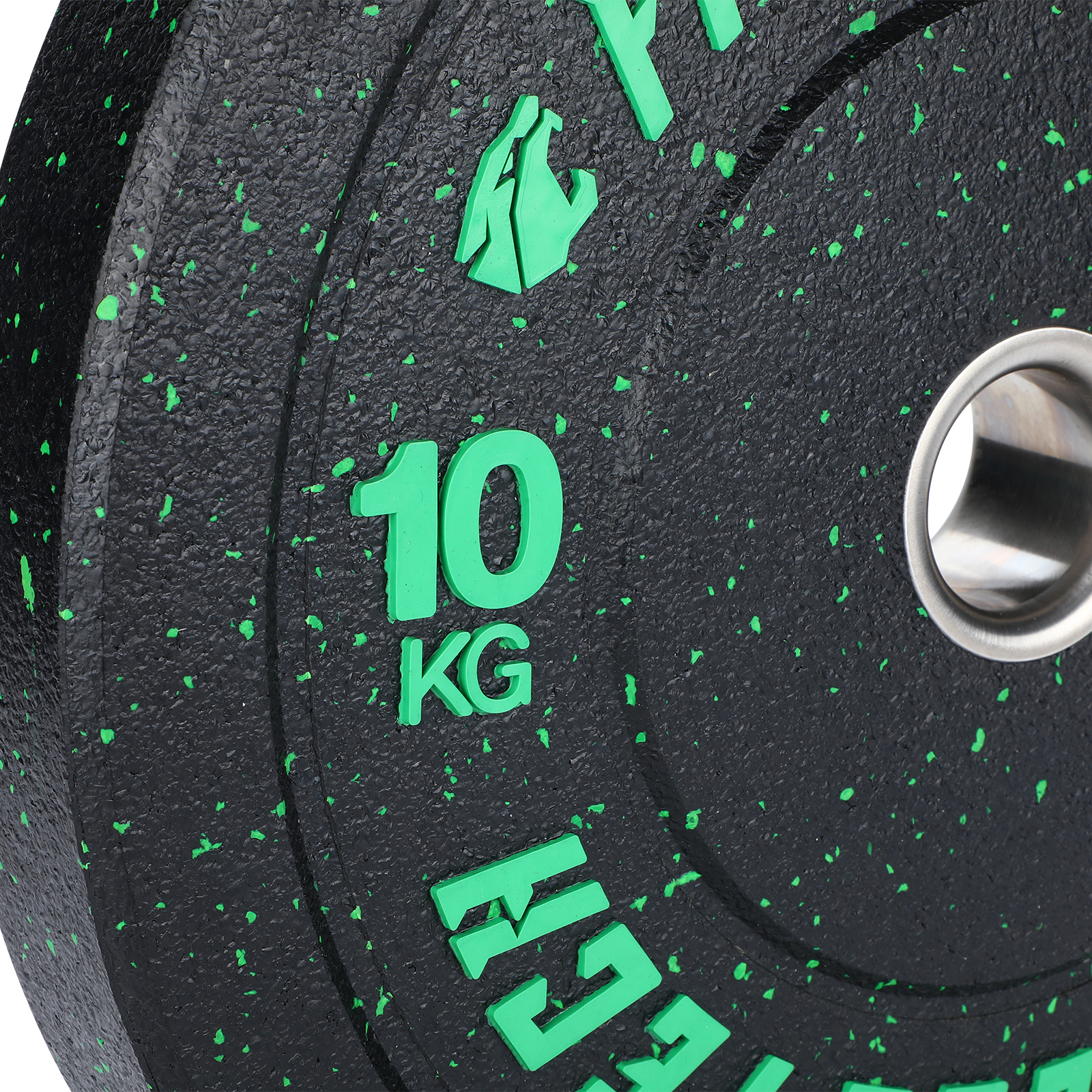Placa de peso negra de 10 kg con motas verdes y letras verdes.