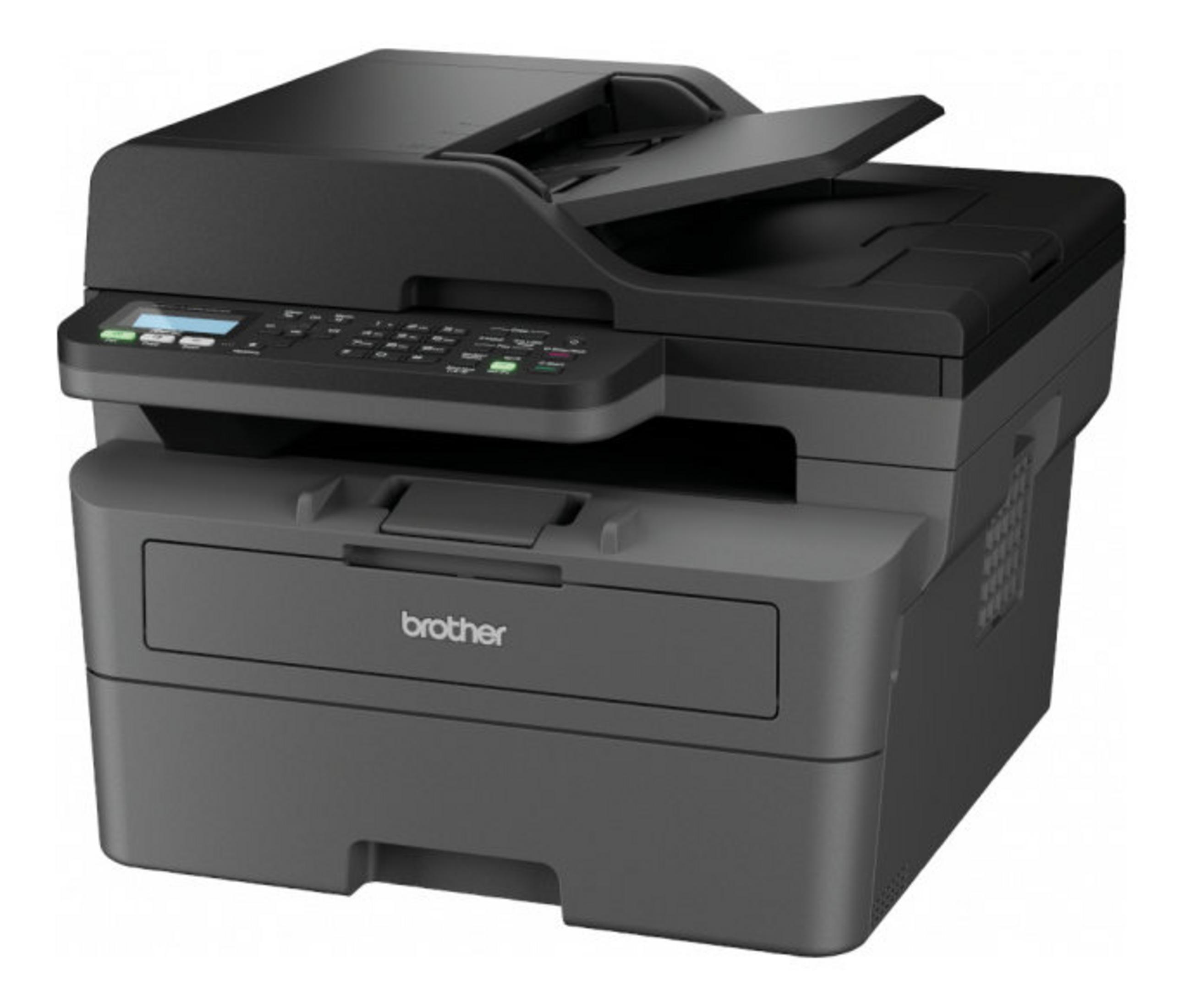 Szara drukarka laserowa Brother z panelem sterowania i tacą.