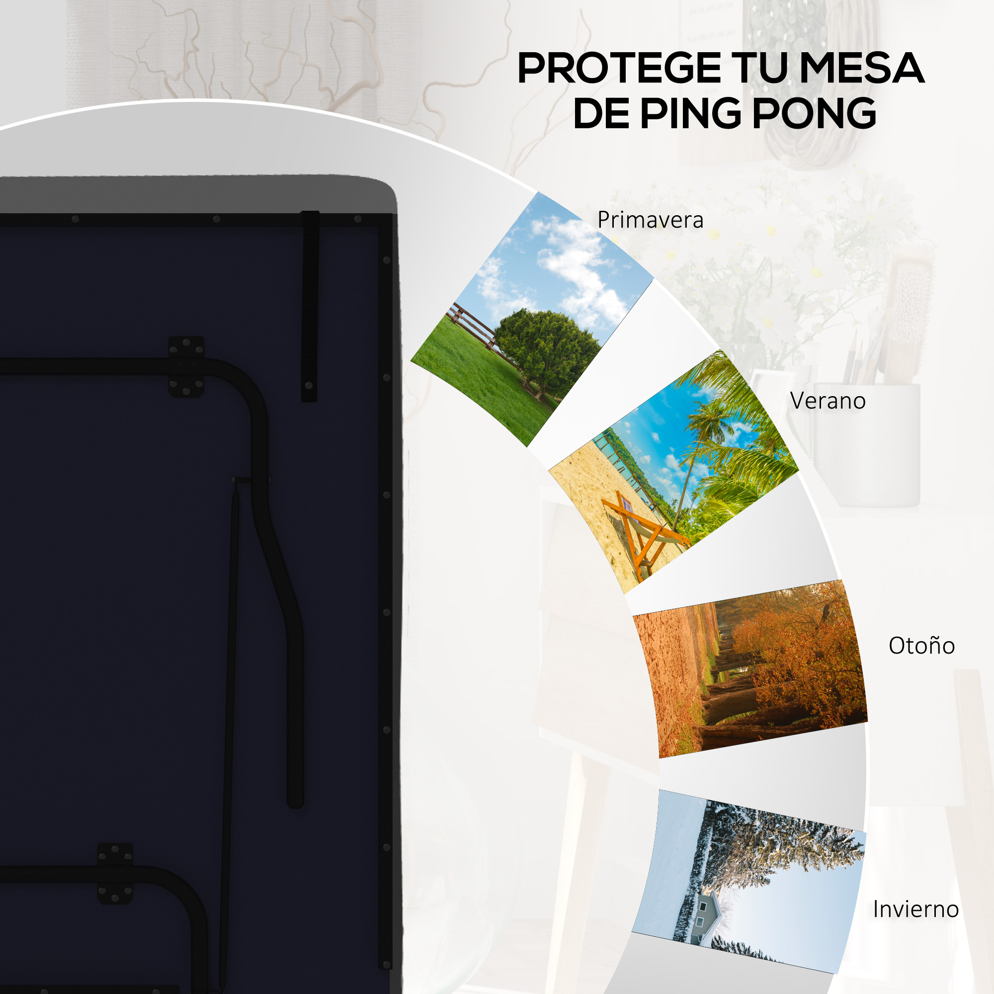 Funda azul oscuro para mesa de ping pong con marco de metal e imágenes de estaciones.