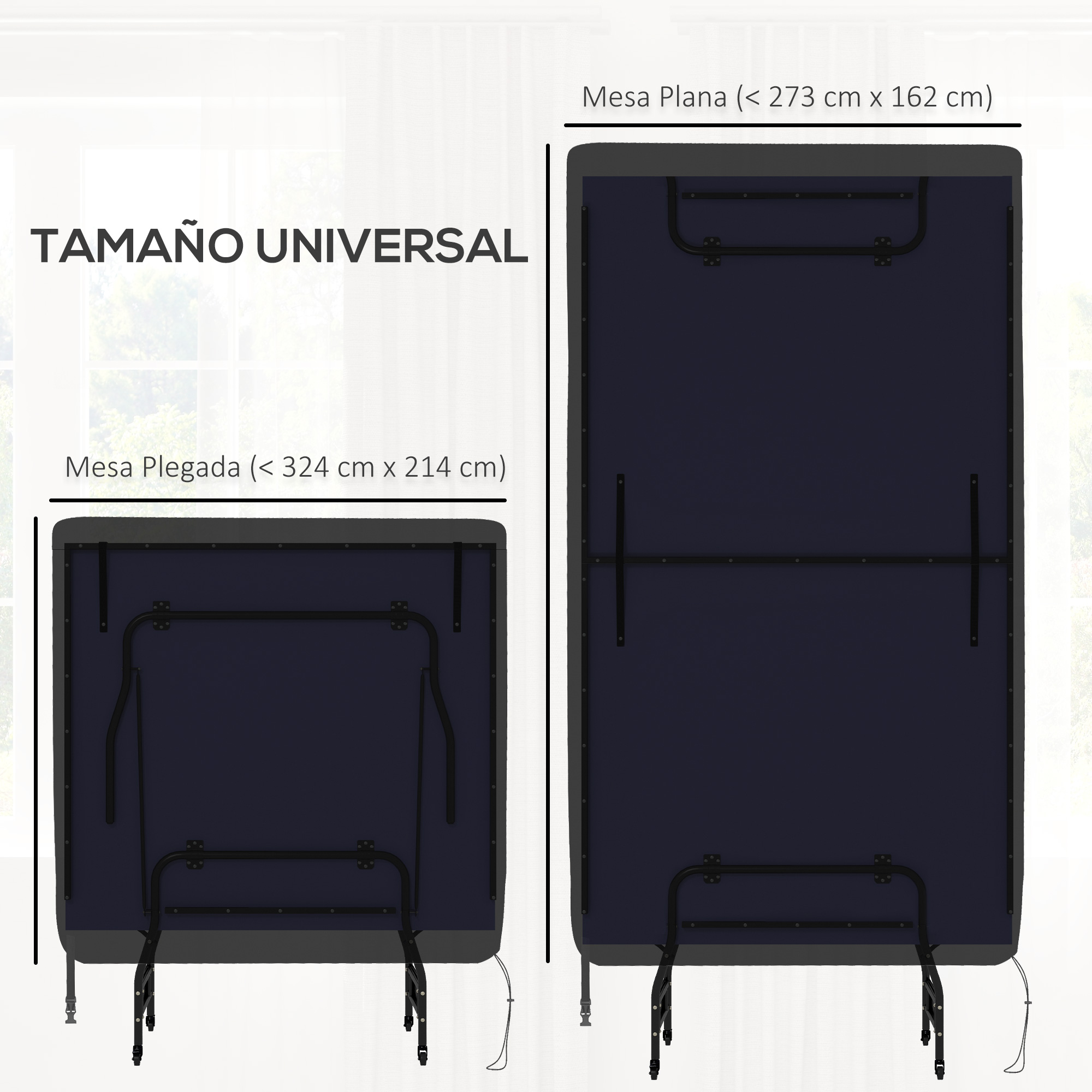 Dos camas plegables azul marino, una plegada y otra desplegada, una al lado de la otra.