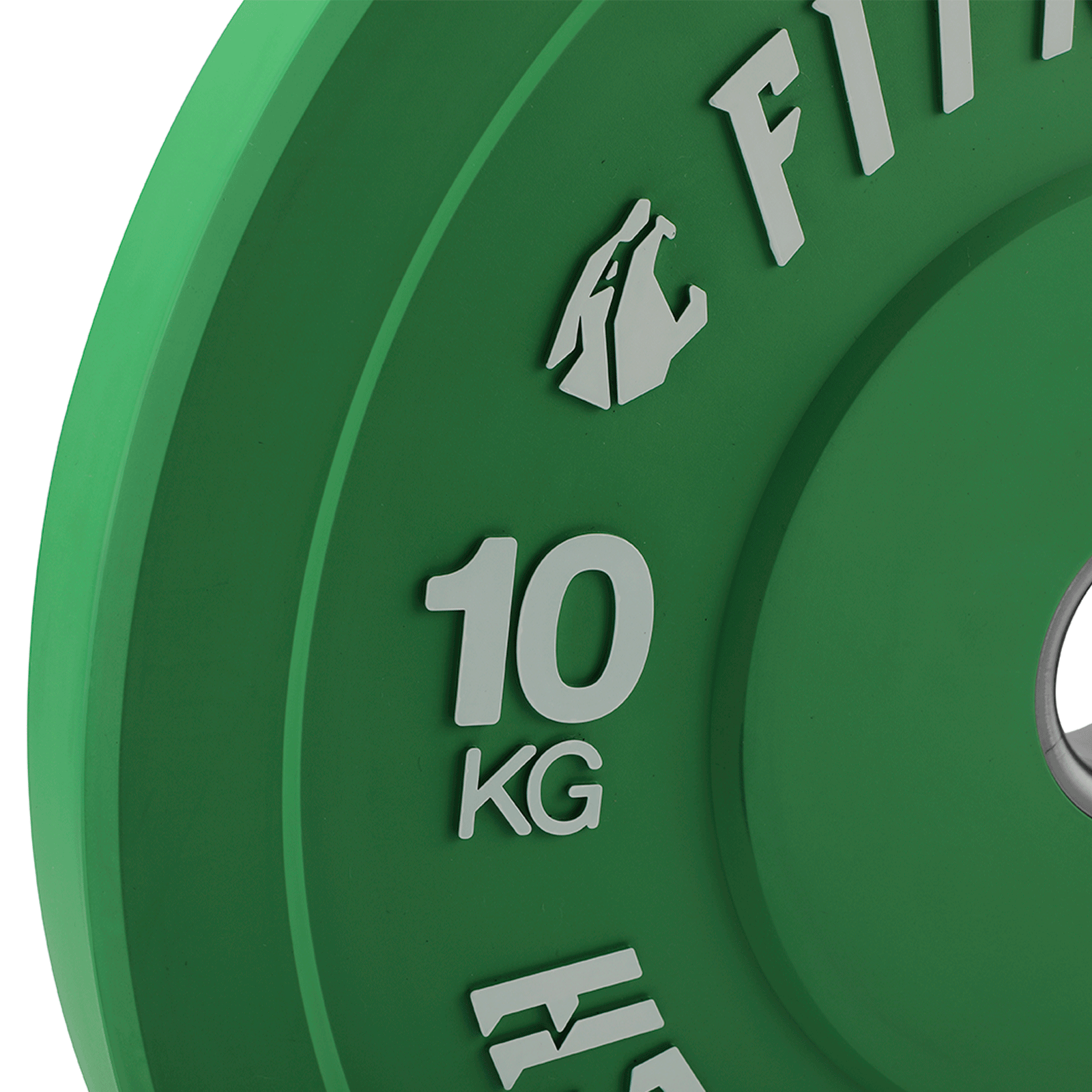 Un disco de pesas verde de 10 kg con letras blancas y un logo. Primer plano.