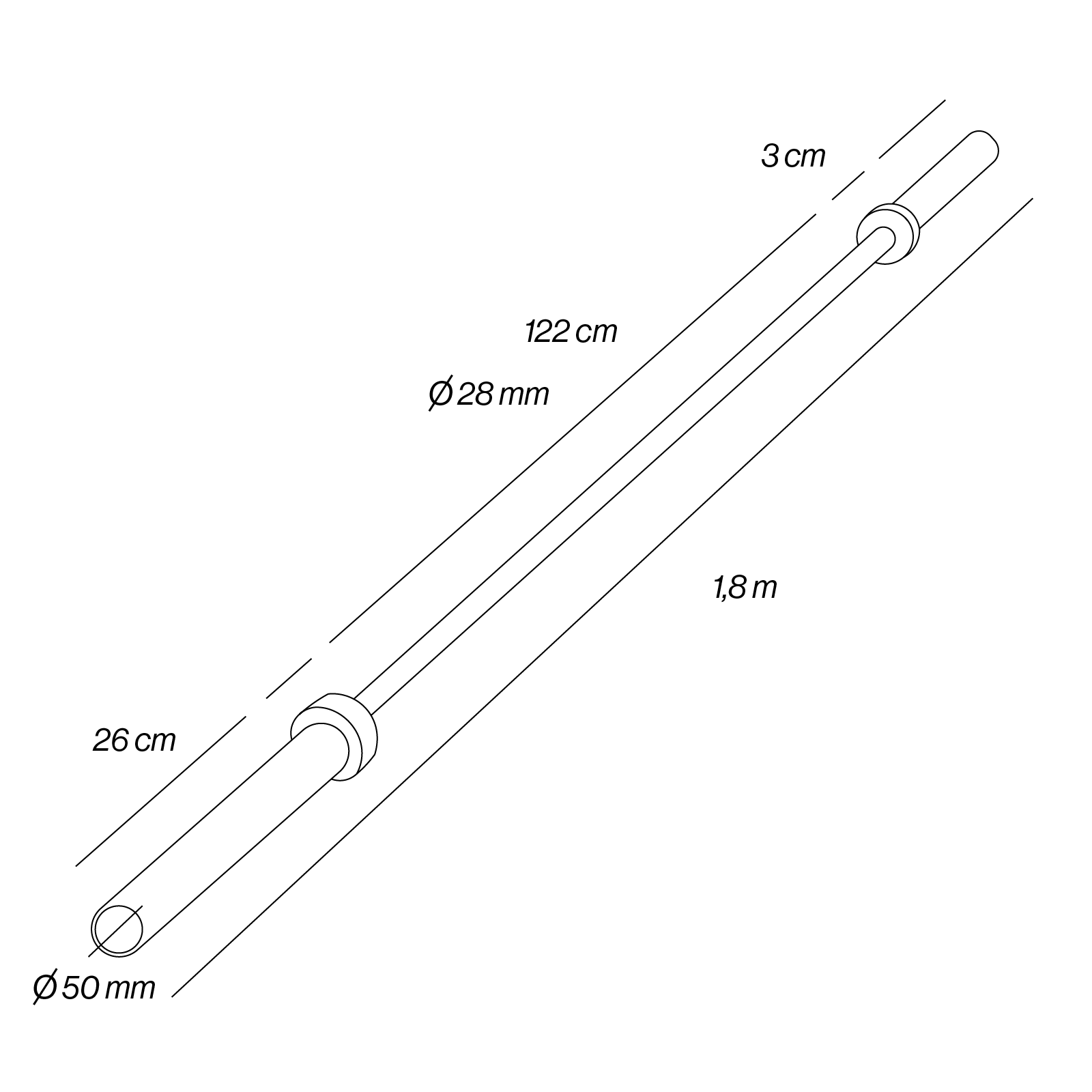Dibujo técnico de una barra de pesas con dimensiones: 1,8m de largo, 28mm diámetro agarre, 50mm diámetro exterior.