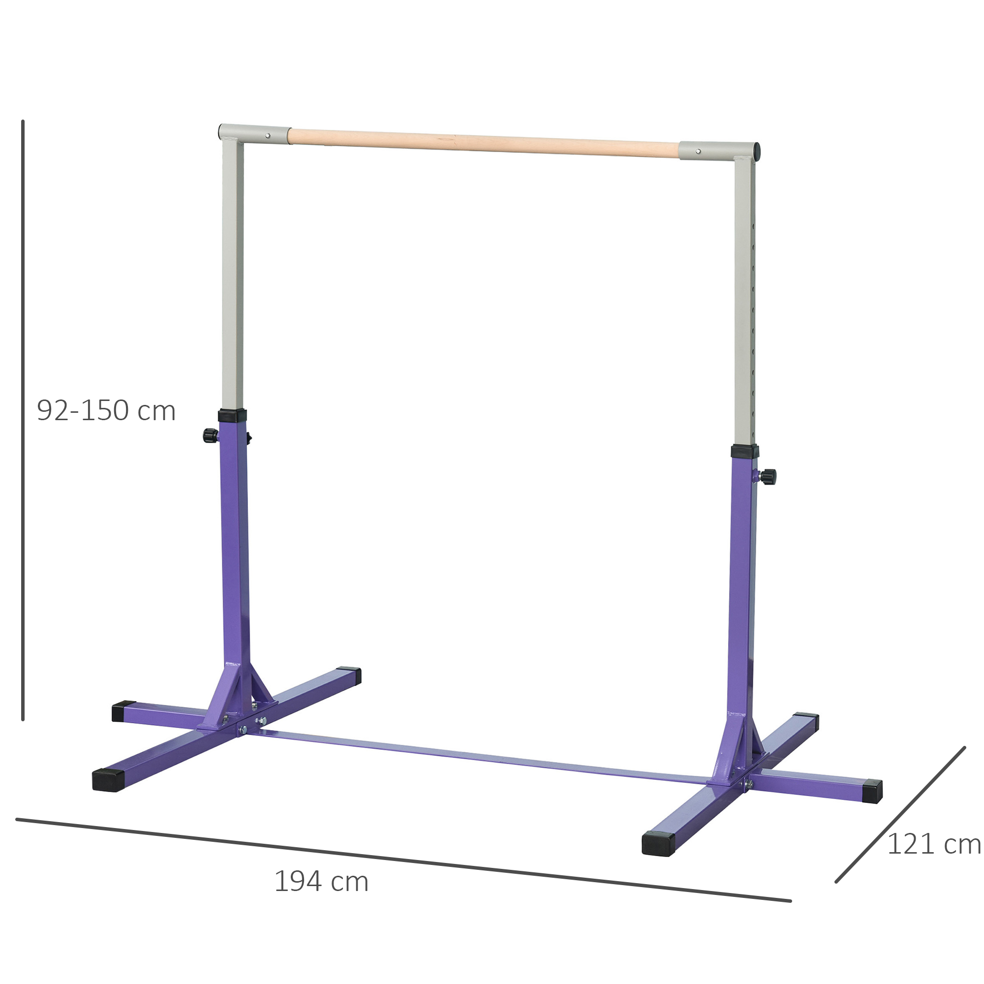 Una barra de gimnasia ajustable con barra de madera y base morada.