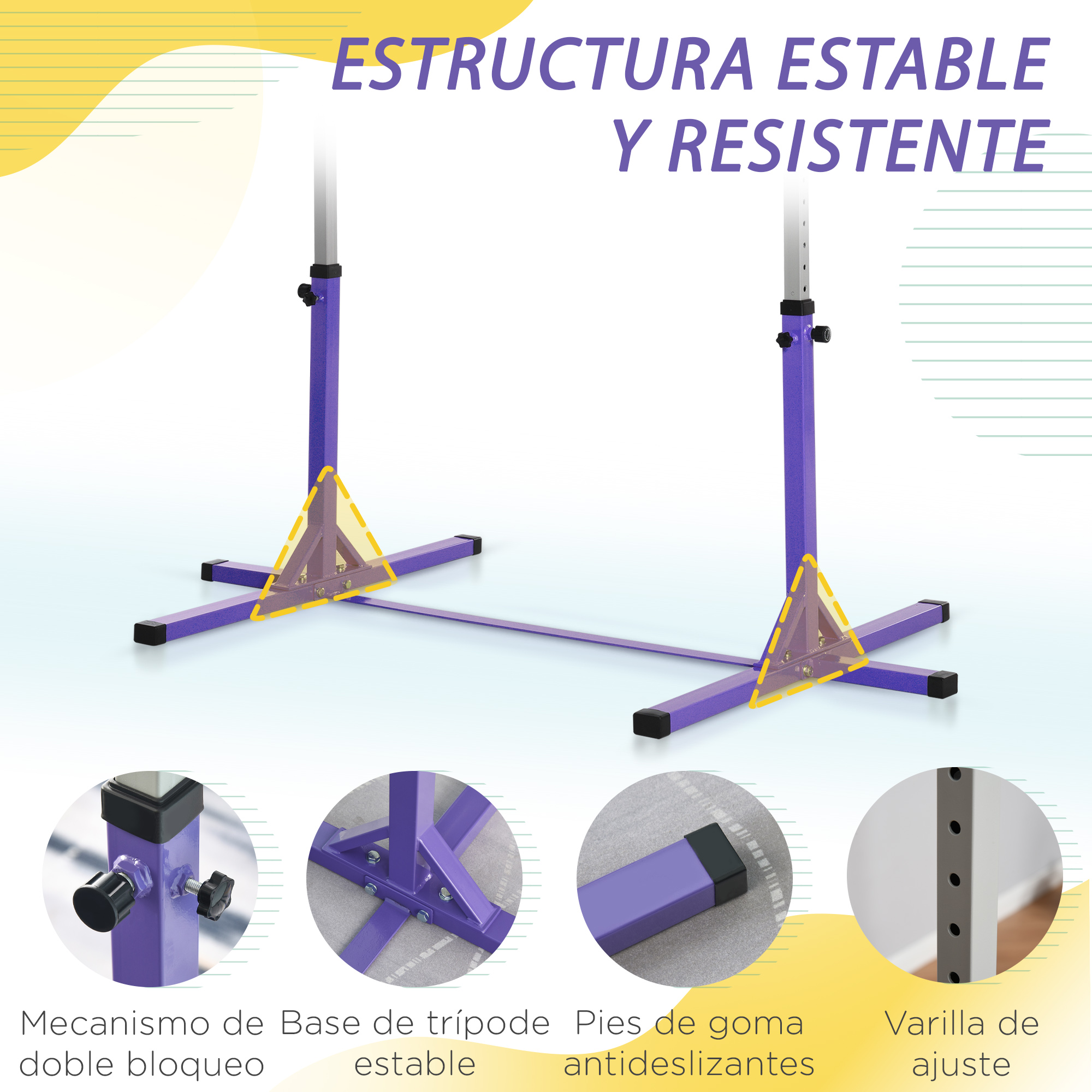 Aparato de gimnasia morado con base estable y pies de goma.