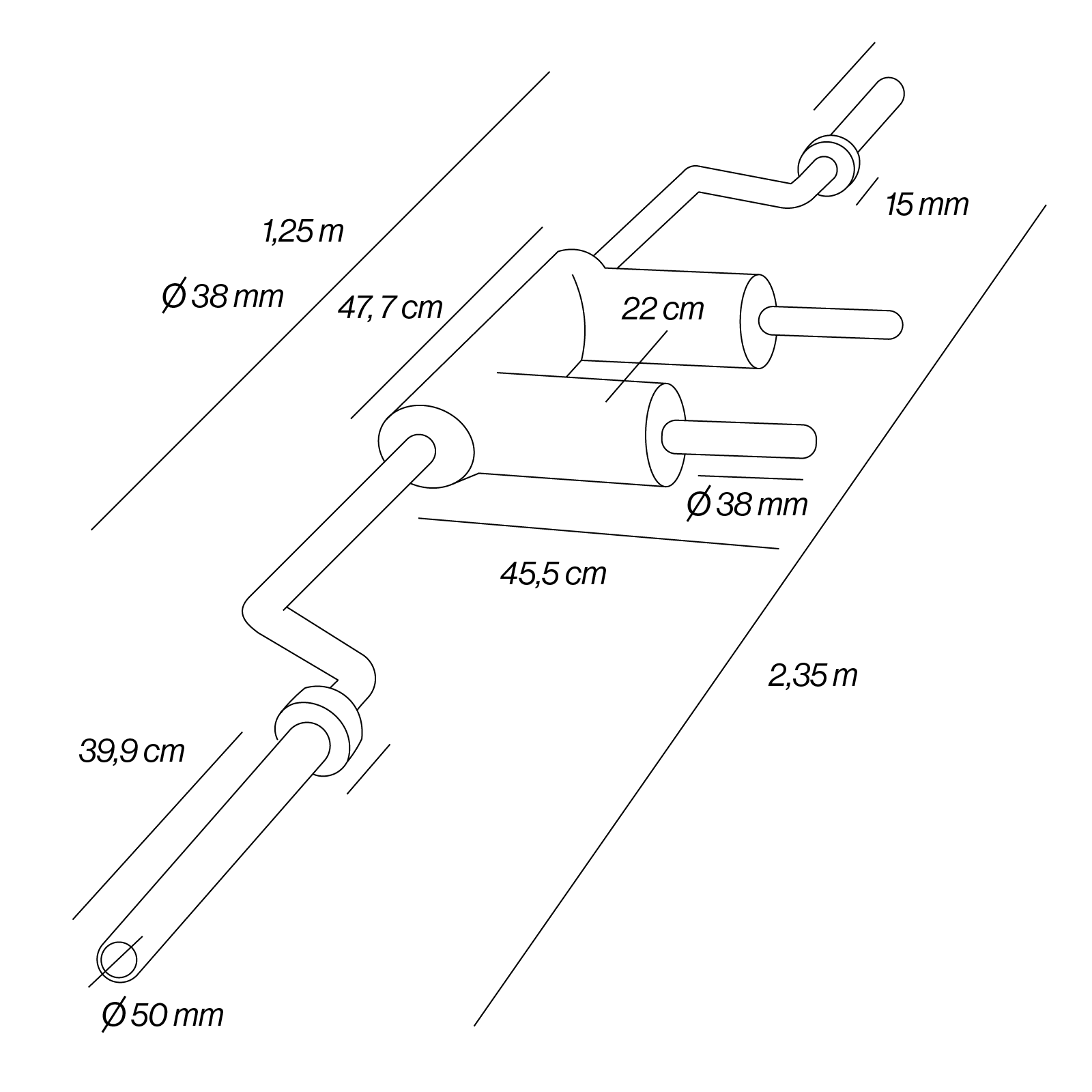 Dibujo técnico de un sistema de escape con dimensiones en cm y mm.