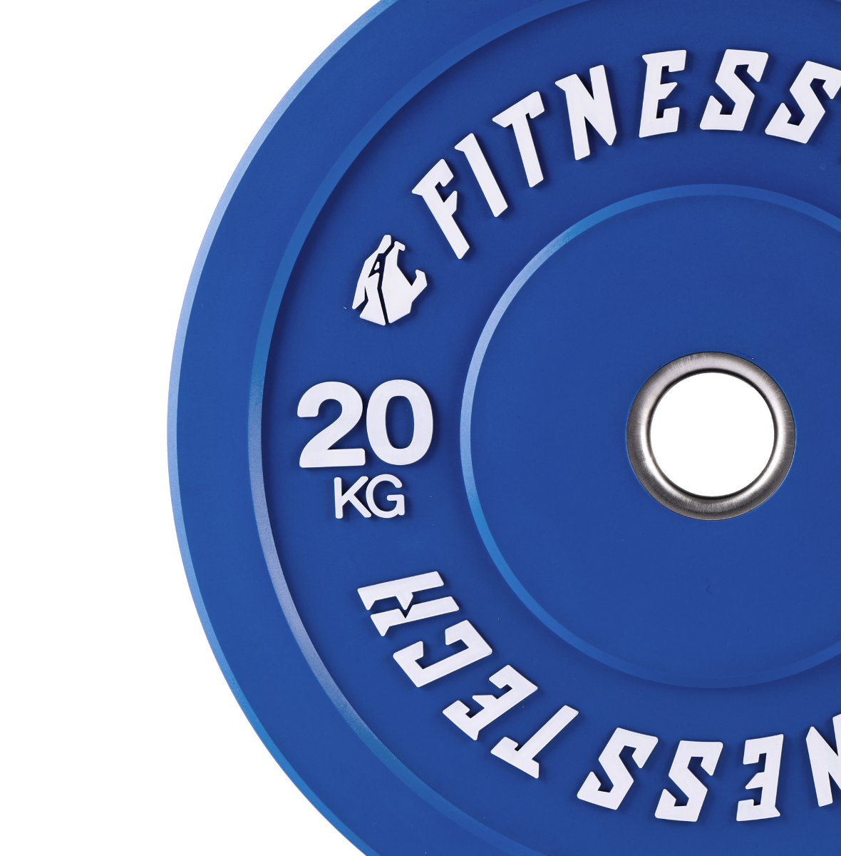 Disco de pesas azul de 20 kg con texto blanco 'FITNESS TECH'.